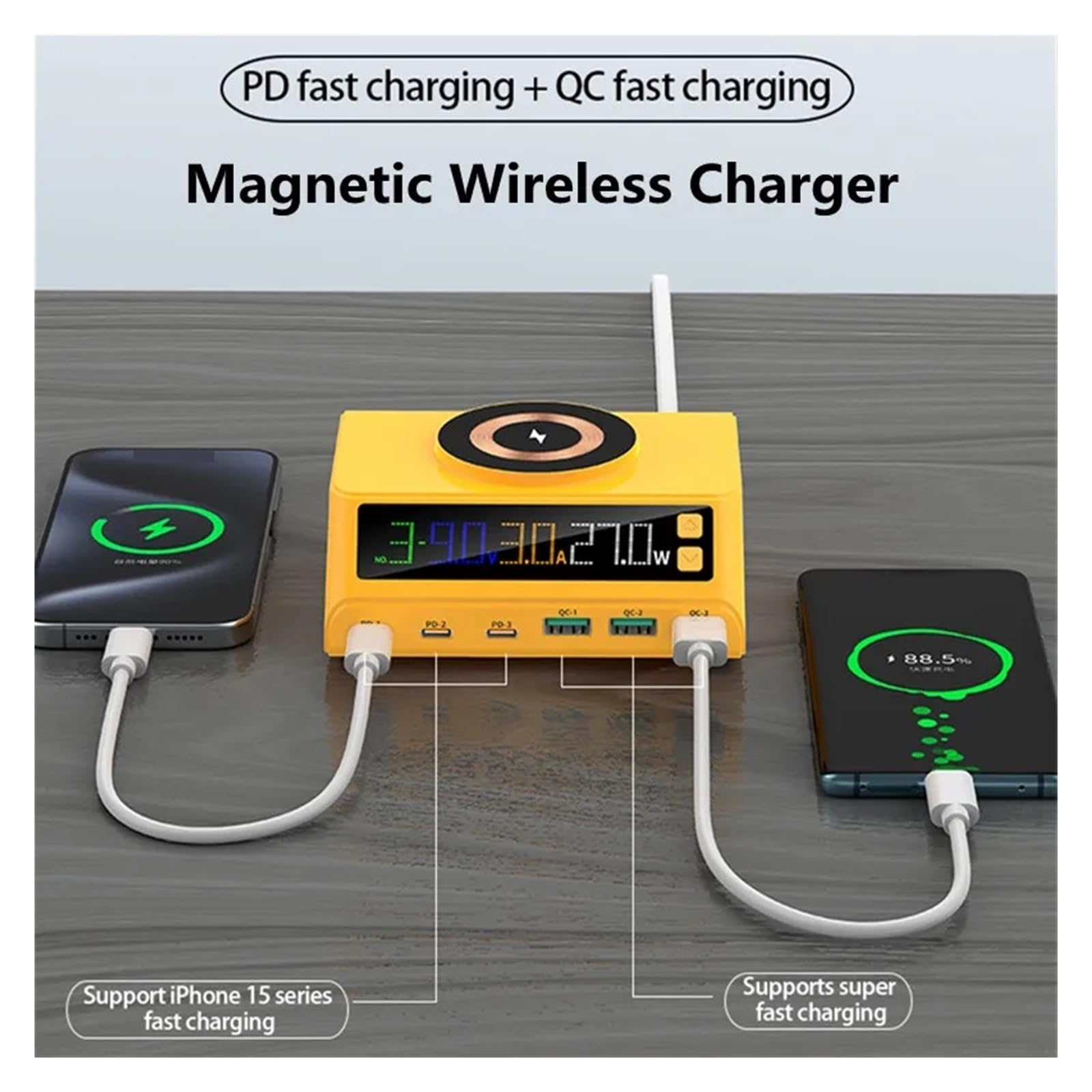 Station De Chargeur USB 110W À 6 Ports, Charge Rapide sans Fil Magnétique QC3.0 PD3., for Tous Les Téléphones Et Ordinateurs Portables Capacité De Charge Rapide(Yellow)