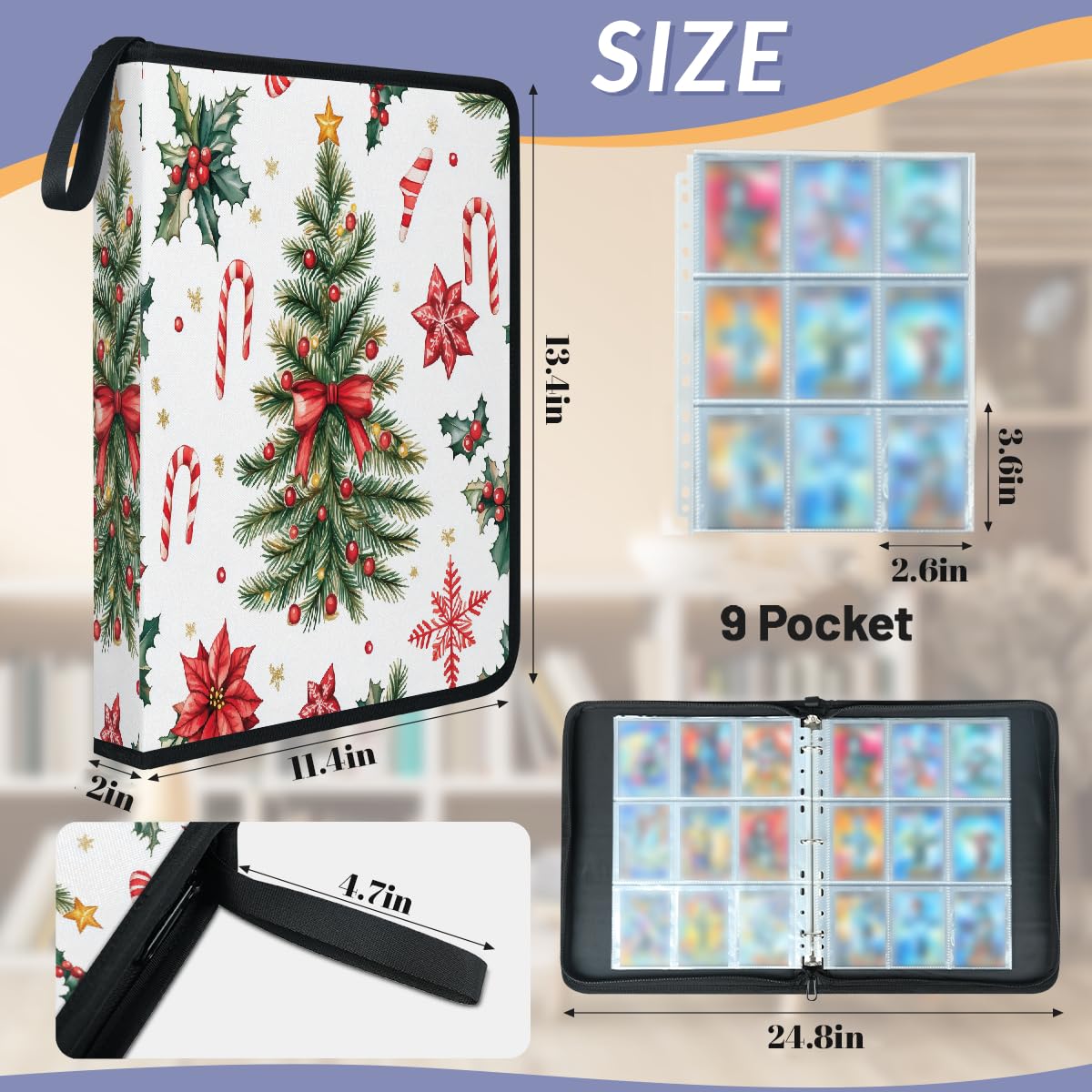 Sammelkartenbinder 9-Pockets, 900 Taschen Doppelseitige Karten Aufbewahrungstasche mit abnehmbaren Ärmeln, Weihnachten Kiefer Baum Süßigkeiten Weihnachtssterne Kartenhalter Album Protektoren Set für