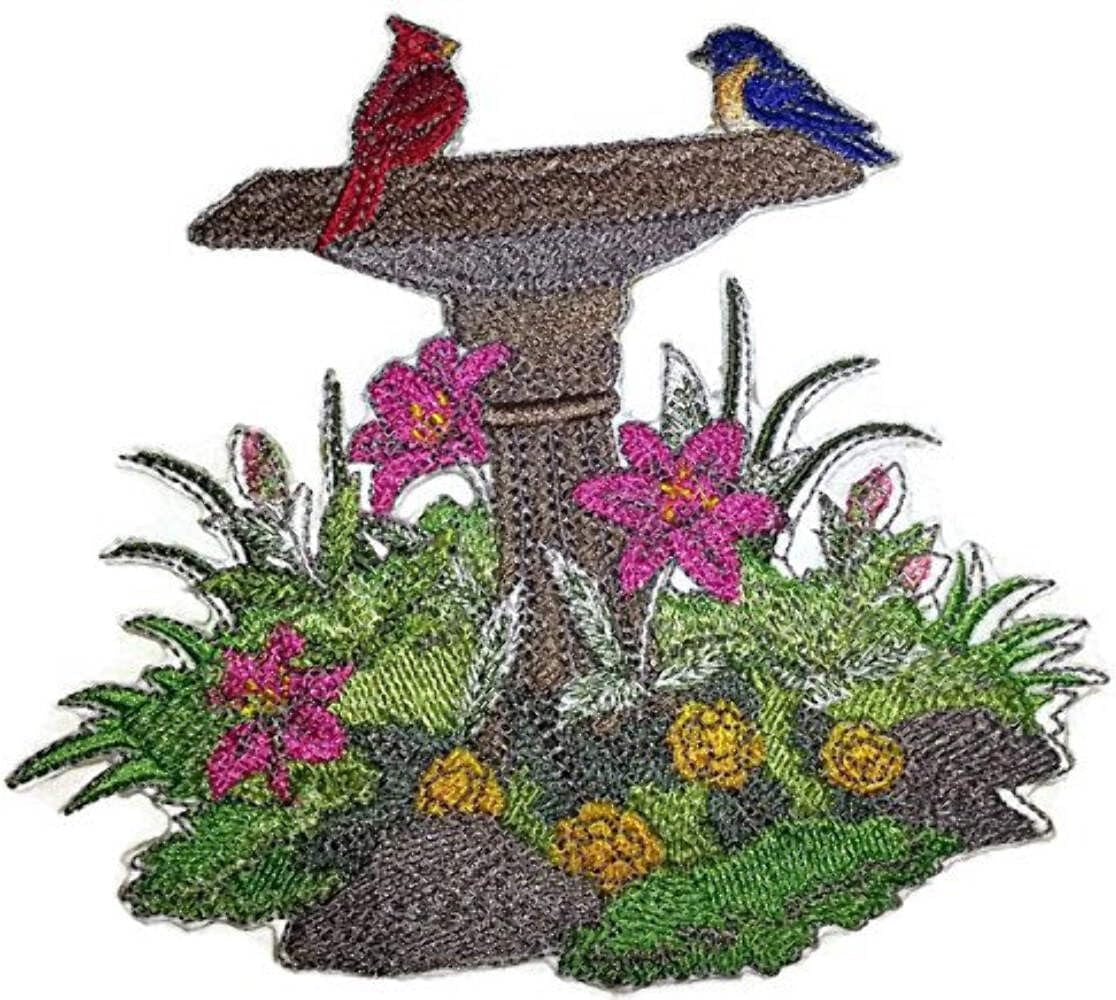 Custom and Unique Spring Bloom Flowers Portraits[Park Place BirdBath ] Embroidered Iron on/Sew Patch [6.32" * 5.88"] [Made in USA]