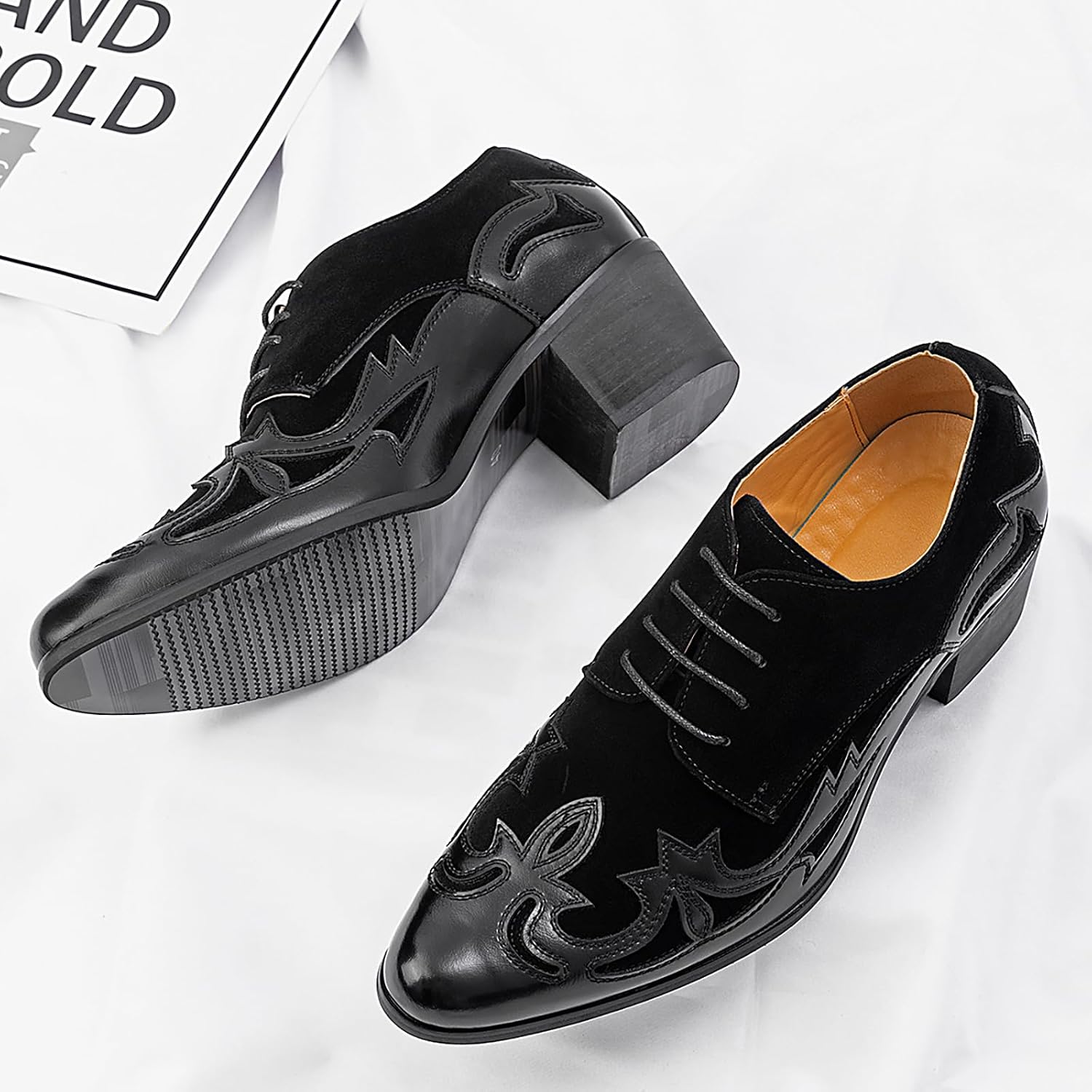 Men's Retro Embroidery Chunky Heel Oxfords Fashion Lace up Pointed Toe Leather-Patched Block Heel Non-Slip Dress Business Derby Shoes for Casual Date Work