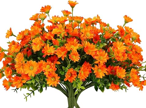 alyptus 8 Bundles Artificial Flowers for Outdoors Faux Mums UV Resistant Plastic Fall Plants Fake Greenery Orange Daisy Bulk for Home Gardenr Window Box Pathway Plante Wedding Decor Orange