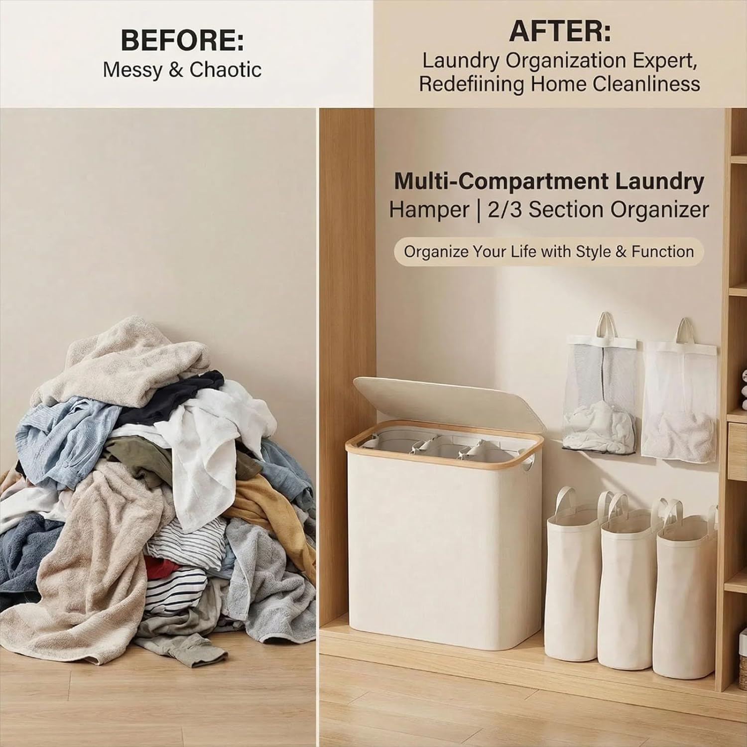 2pcs Laundry Hamper with Wheels, Clothes Hamper with Removable Inner Bag, Large Capacity Space-Saving,Collapsible Dirty Clothes Hamper Organizer Basket for, Bedroom, Bathroom, Laundry Room　(Beige)