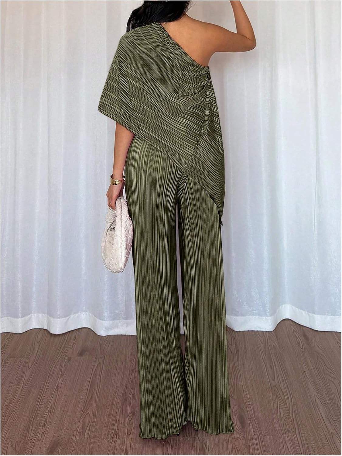 MakeMeChic Women's Asymmetrical Set 2 Piece Striped One Shoulder Pants Set Elegant Work Suit