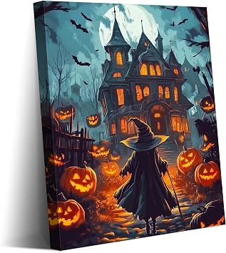 Wewejia Halloween Canvas Wall Decor 12x16 Inch, Halloween Night Canvas Art Prints Haunted Castle and Spooky Pumpkin Wall Decorations Rural-Style Haunted House Posters with Frames for Easy Hanging
