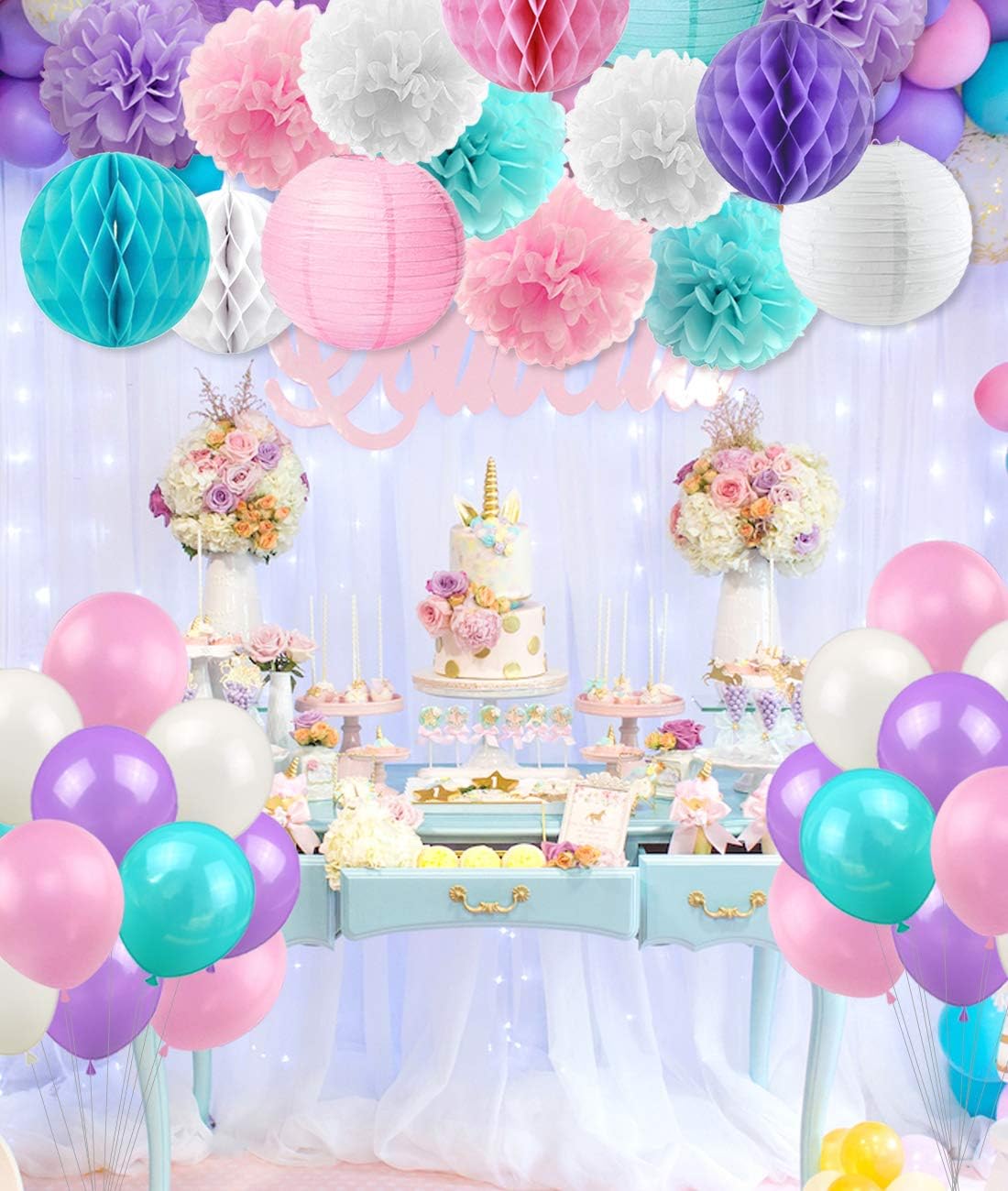 Mermaid Party Decorations Pink Purple White Aqua Crepe Paper Mermaid Balloons Tissue Paper Pom Poms Lanterns for Birthday Baby Shower 59 Pack