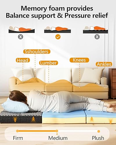 Miniatura 3 de Colchón de tres pliegues, cama plegable de espuma viscoelástica individual de 4 pulgadas, cero olor, funda extraíble 100% poliéster, asas
