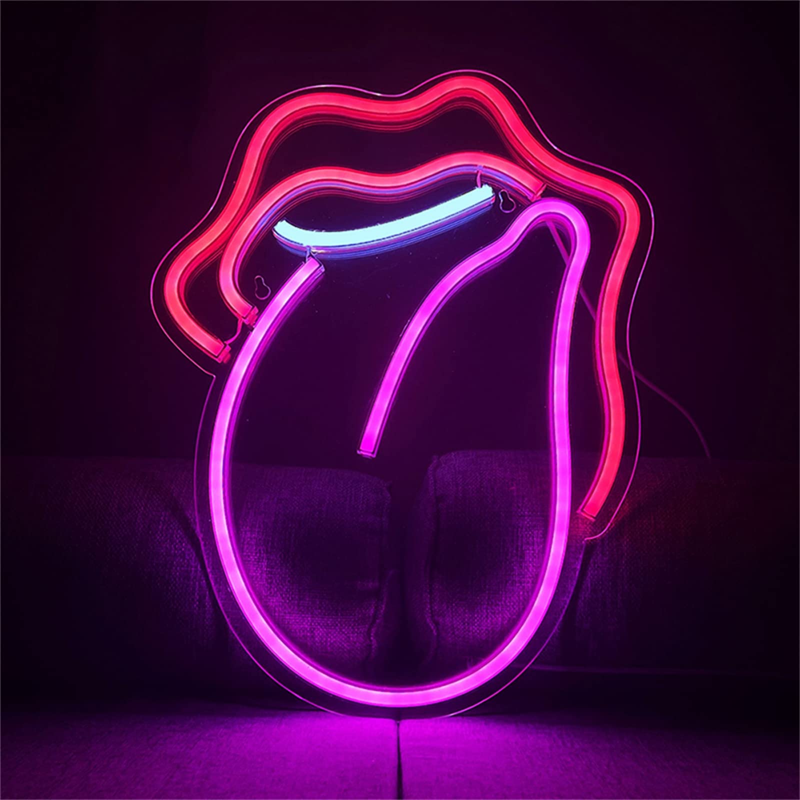Letrero de luz de neón LED Letreros de neón de boca sexy, Luces de neón LED USB para labios y lengua para decoración de bar, Letrero luminoso para colgar en la pared de la ventana con interruptor, 32x