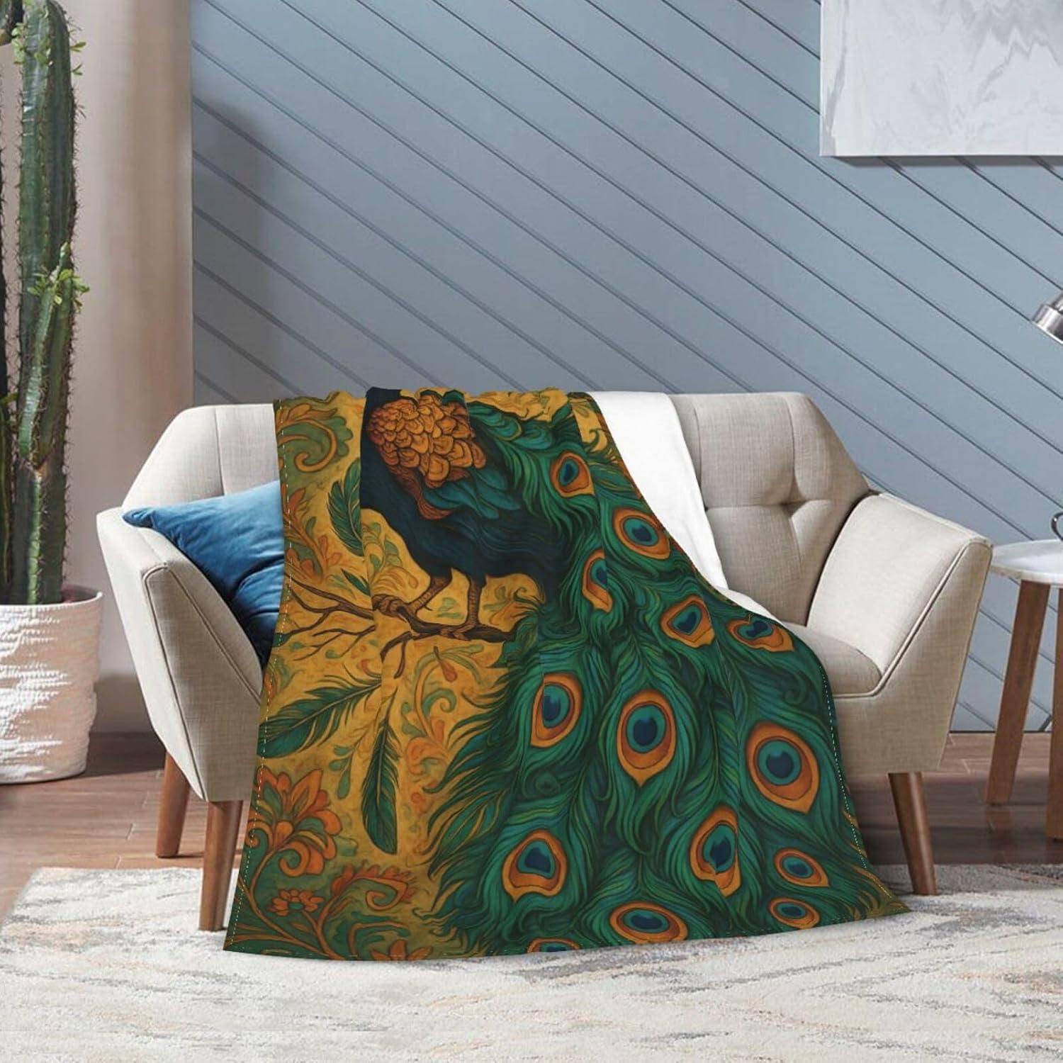 Peacock Blanket – Boho Feather Throw with Vintage Floral Design,Decor Flannel Blanket Peacock Gifts for Women 60"x50" - Image 5