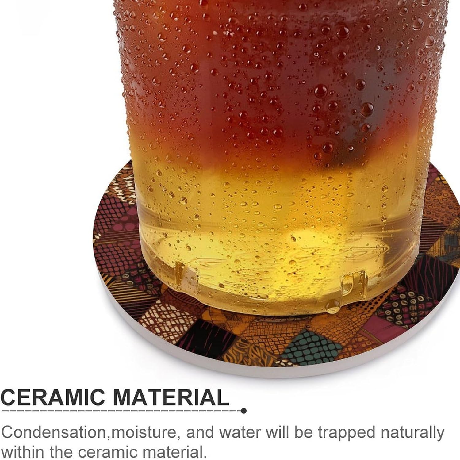 6PCS African Style Patchwork Coasters Non-Slip Round Drink Coasters with Ceramic Stone and Cork Base, Heat Resistant Absorbent 33.00Stone Coaster Set for Kinds of Mugs and Cups, 4 Inch