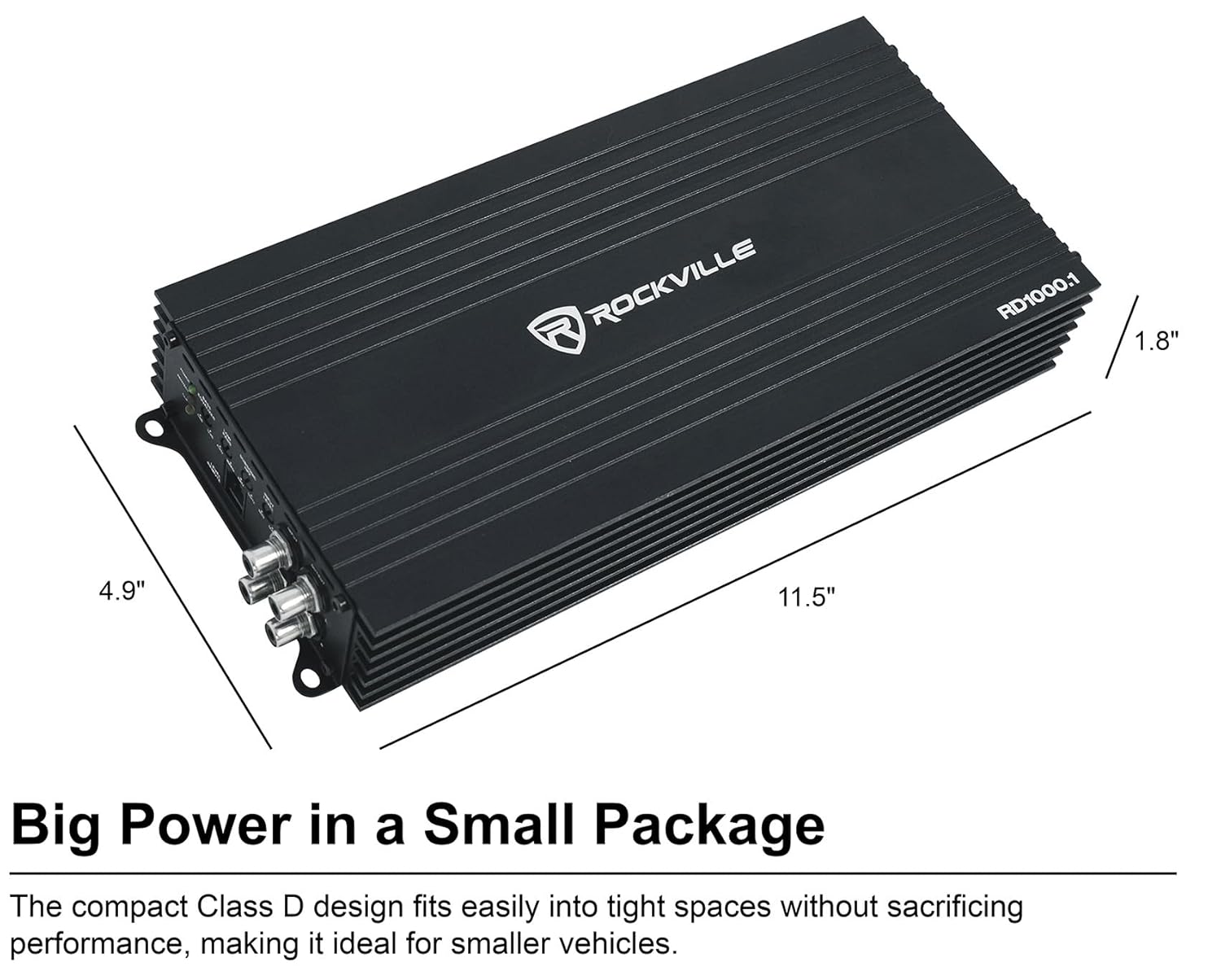 Rockville RD1000.1 4000W Peak / 1000W RMS Mono 1-Ohm Car Amplifier, Class-D, Metal Bass Remote w/Clip Indicator, Low Pass & Subsonic Filters, Compact & High-Efficiency, Ideal for Subwoofers