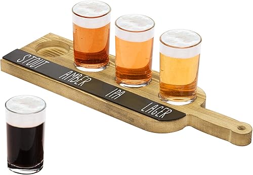 MyGift Juego de servir de degustación de vuelo de cerveza, tabla de remo rústica de madera quemada con 4 vasos y etiquetas de pizarra