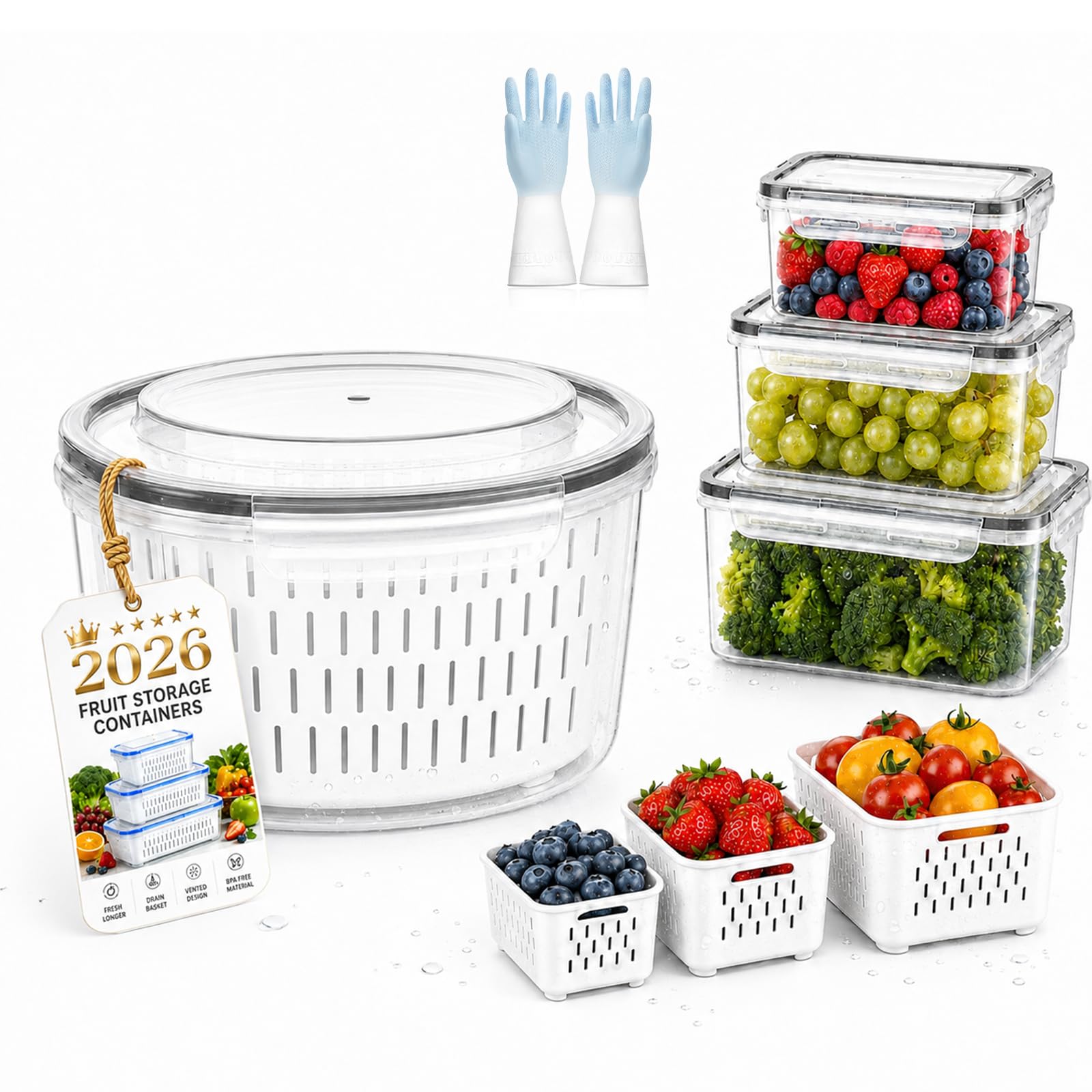 4-In-1 Fruit Strainer Container, Berry Storage Containers for Fridge with Removable Colander & Lid, Airtight Fresh Food Storage Containers with Drain Basket for Meat Fruit Vegetables (Round,L)