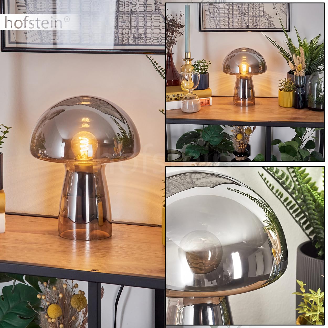 Lampe de table Almagre, en métal/verre noir/chrome/fumée, lampe au design moderne vintage/rétro avec abat-jour en verre (Ø 18 cm) et interrupteur marche/arrêt sur le câble, 1 x E14, sans ampoule
