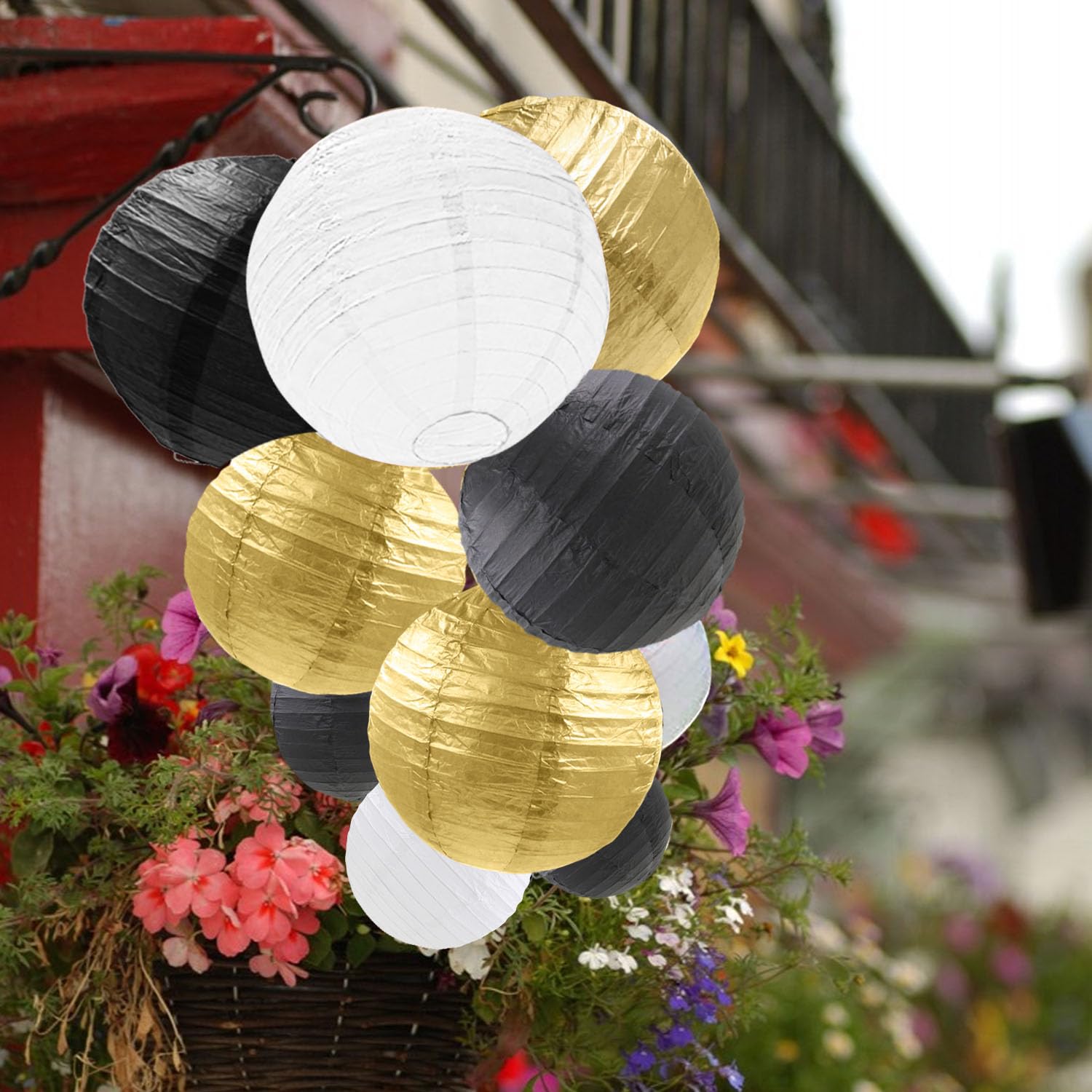 12 lanterne di carta da appendere in oro nero e bianco per Capodanno, matrimonio, laurea, anniversario, festa di compleanno, decorazione per la casa