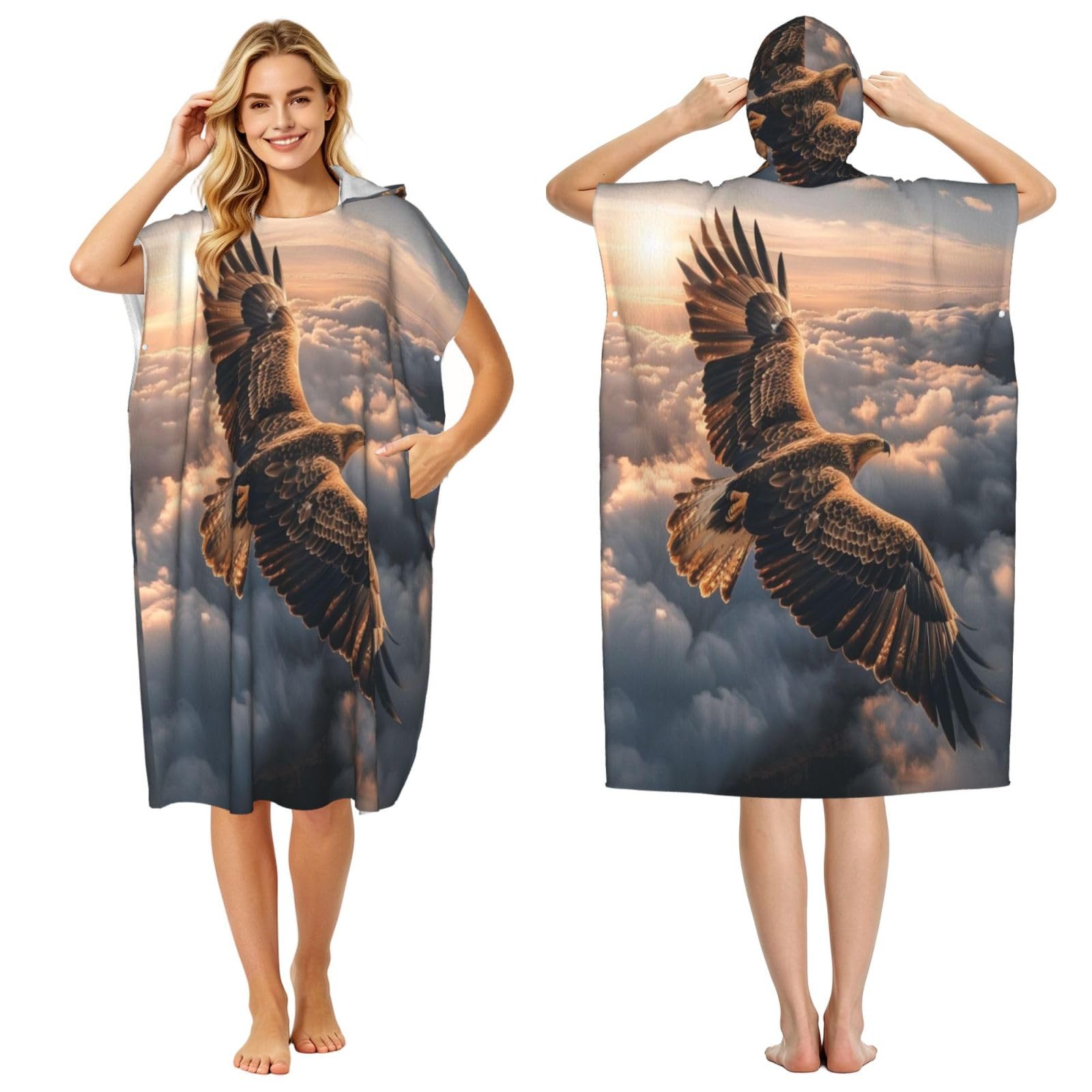 KLGRTJHK Soaring Eagle Adult Hooded Beach Poncho Towel 43"X35"