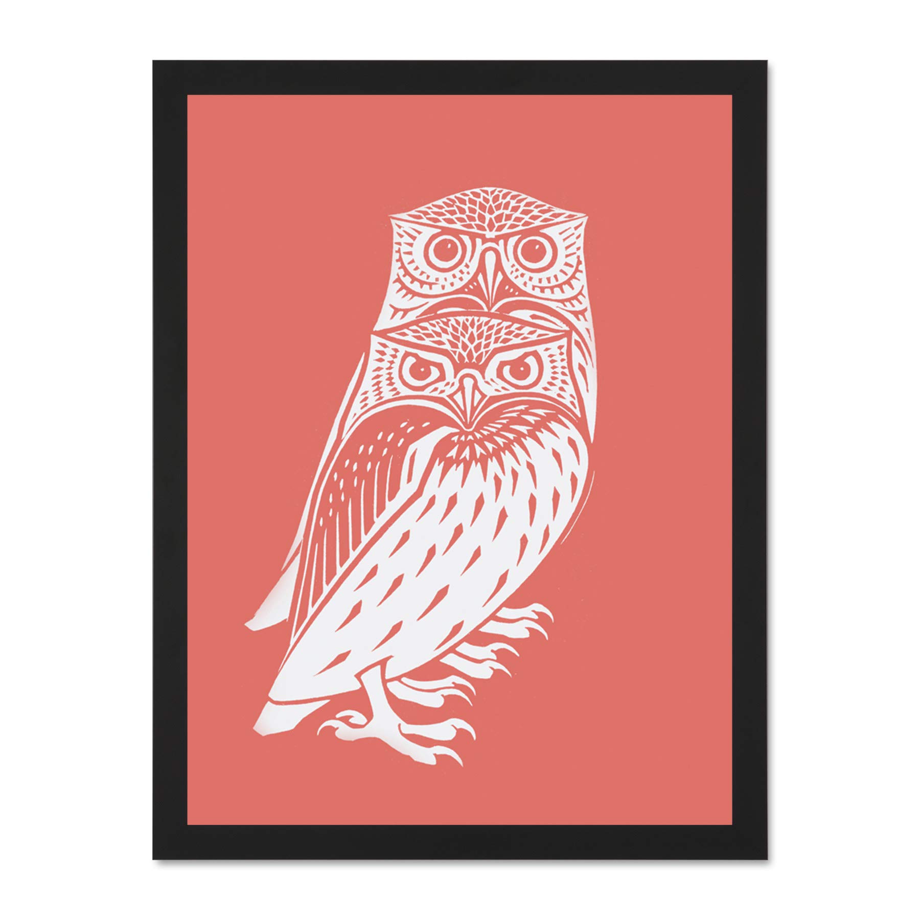 Wee Blue Coo Living Coral Owls Julie De Graag Large Black Framed Art Print Wall Poster 18x24 inch