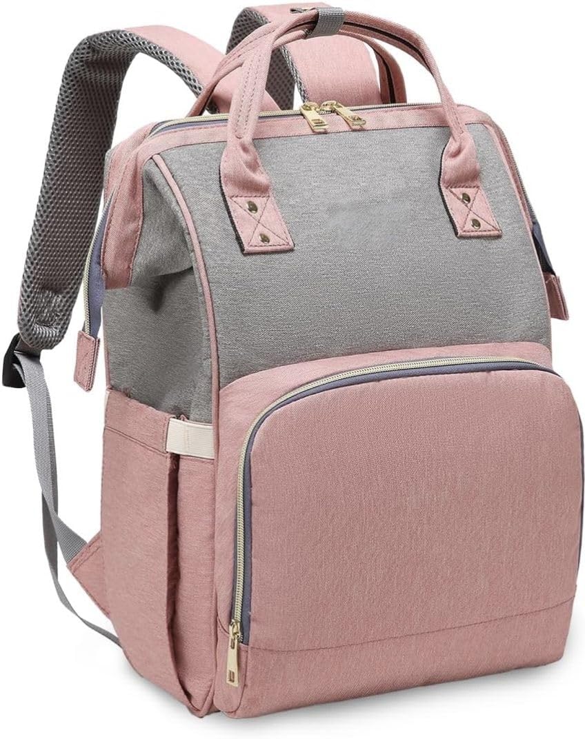 Baby Diaper Bag with 12 Pockets | Spacious Lightweight Travel Bag for Newborn and Toddler Essentials | Soft Printed Multicolour Diaper Organizer for Parents (Grey/Pink)