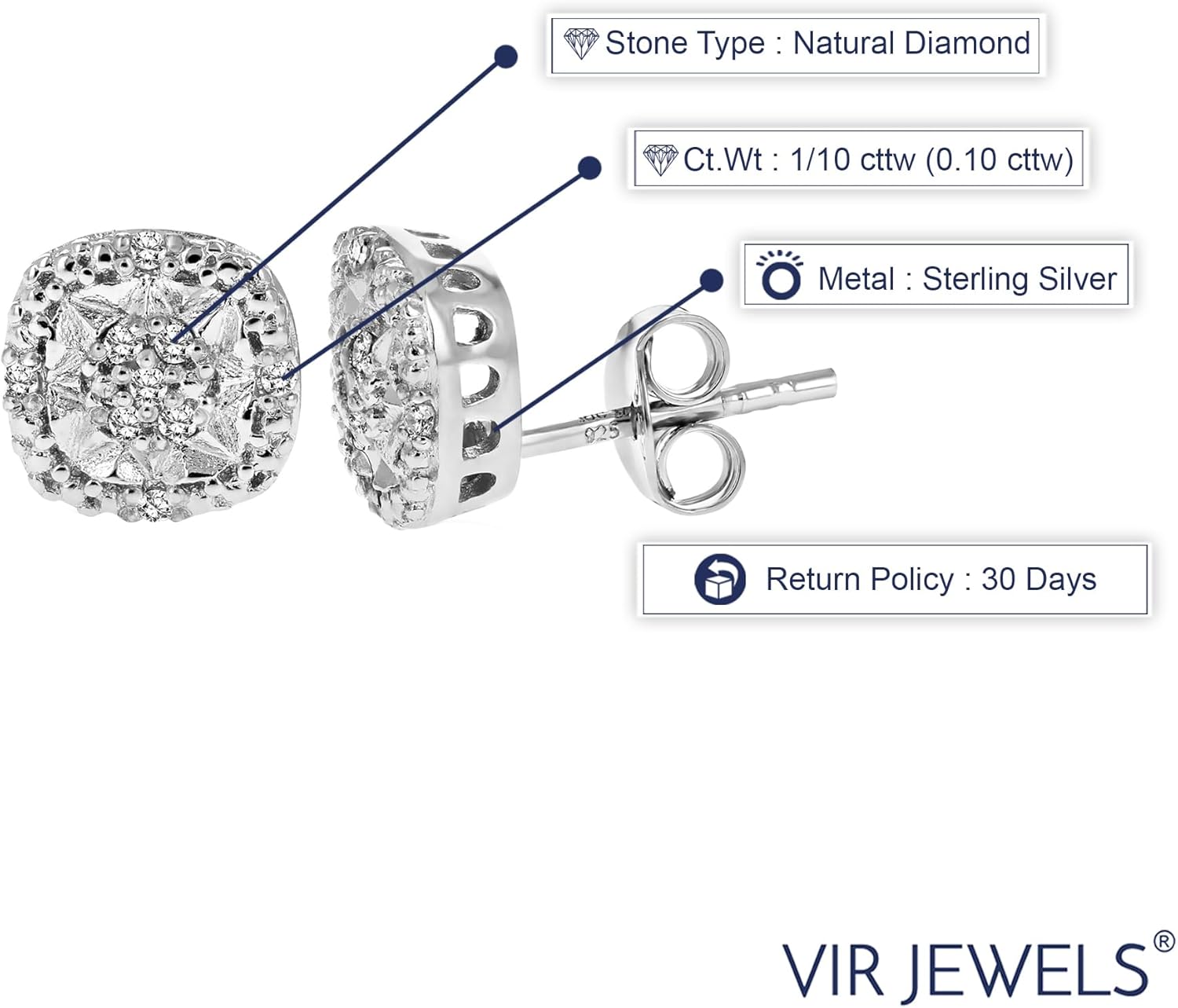 Vir Jewels 1/10 cttw Diamond Earrings in .925 Sterling Silver Push Backs Cushion Shape