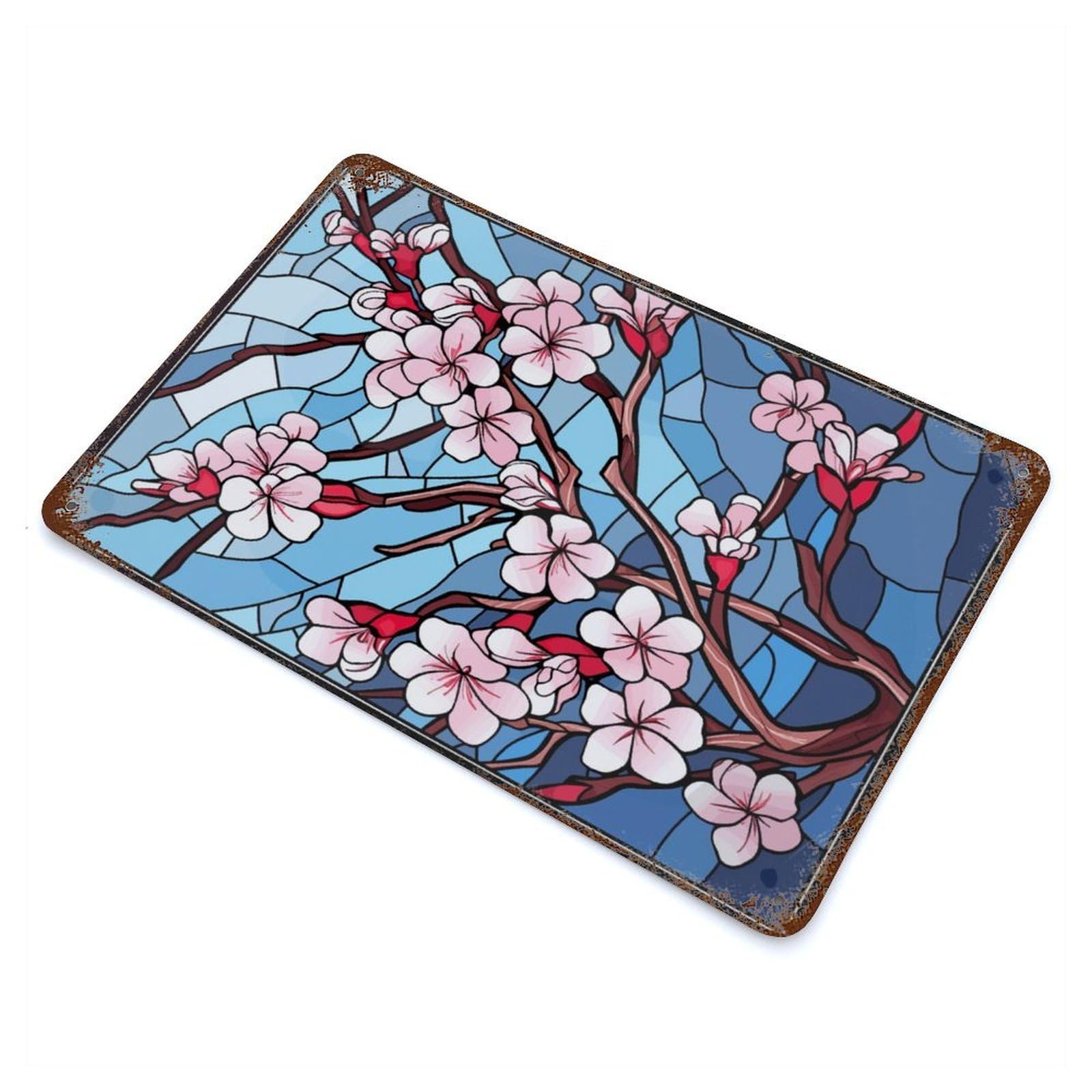 Cherry Blossom Glass Weathered Tin Sign 11.8"x7.9", Novelty Wall Decor for Garage, Pub Or Kitchen