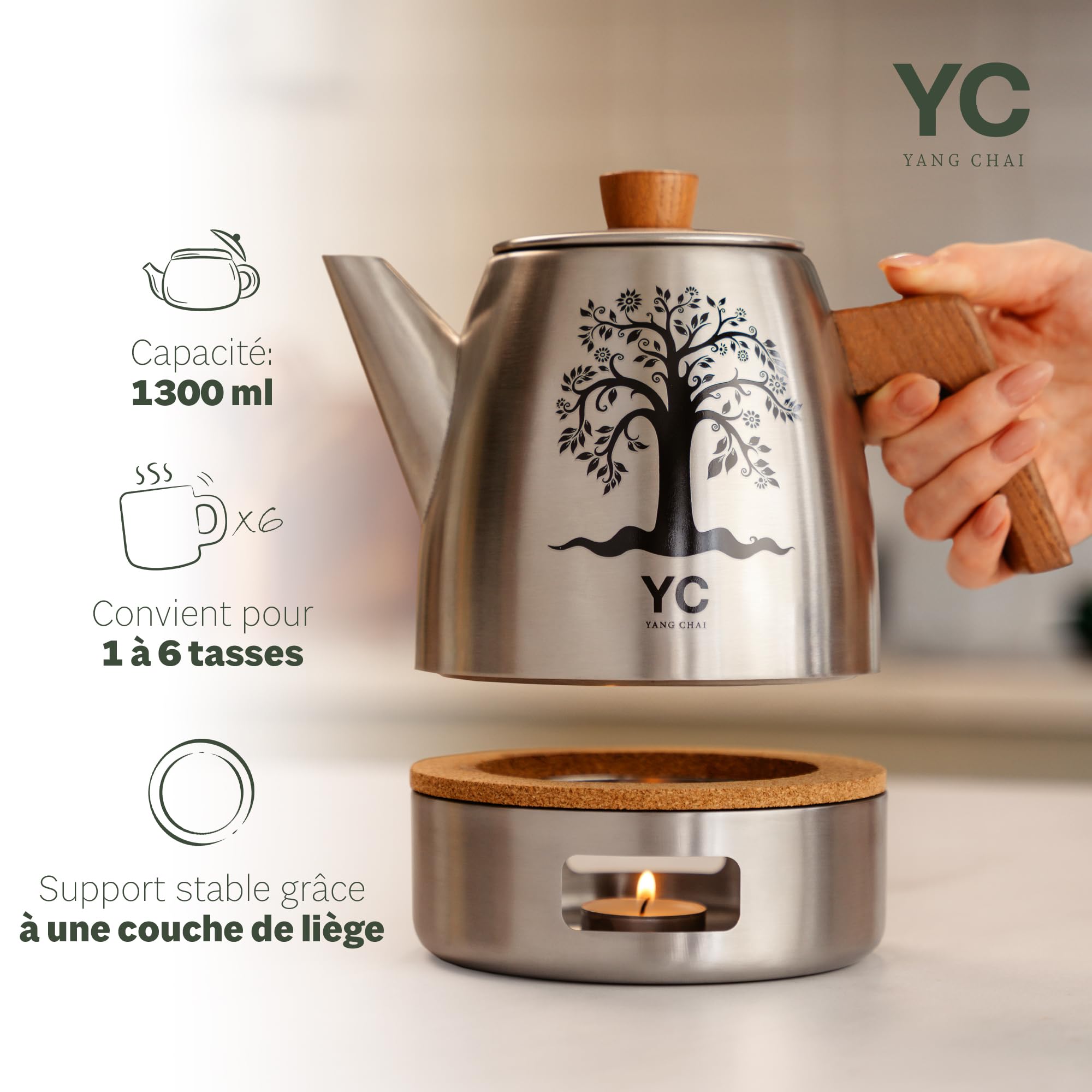 YC Yang Chai Théière avec Filtre 1,3L – Théière Design avec Réchaud Chauffe-Thé et Poignée en Bois – Accessoire Elégant pour Infusion, Tisane et préparation de Thé en Vrac