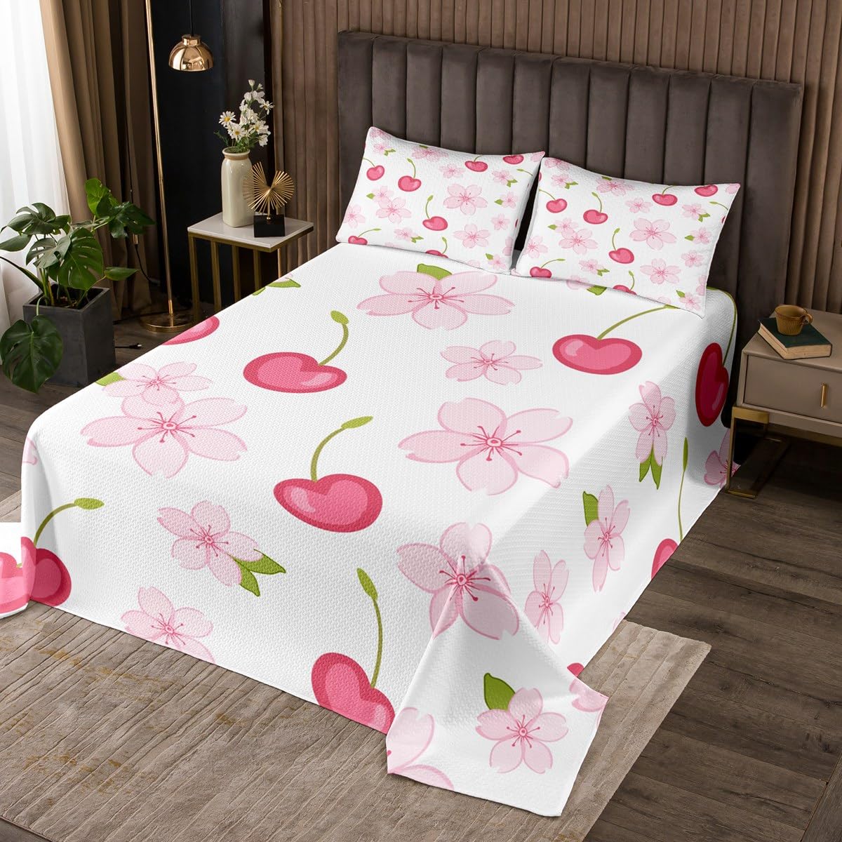 jejeloiu Kids Cherry Coverlet Set Queen Size, Pink Cherry Bedspread Kawaii Floral Quilted Coverlet for Boys Girls Girls Princess Quilted 3Pcs