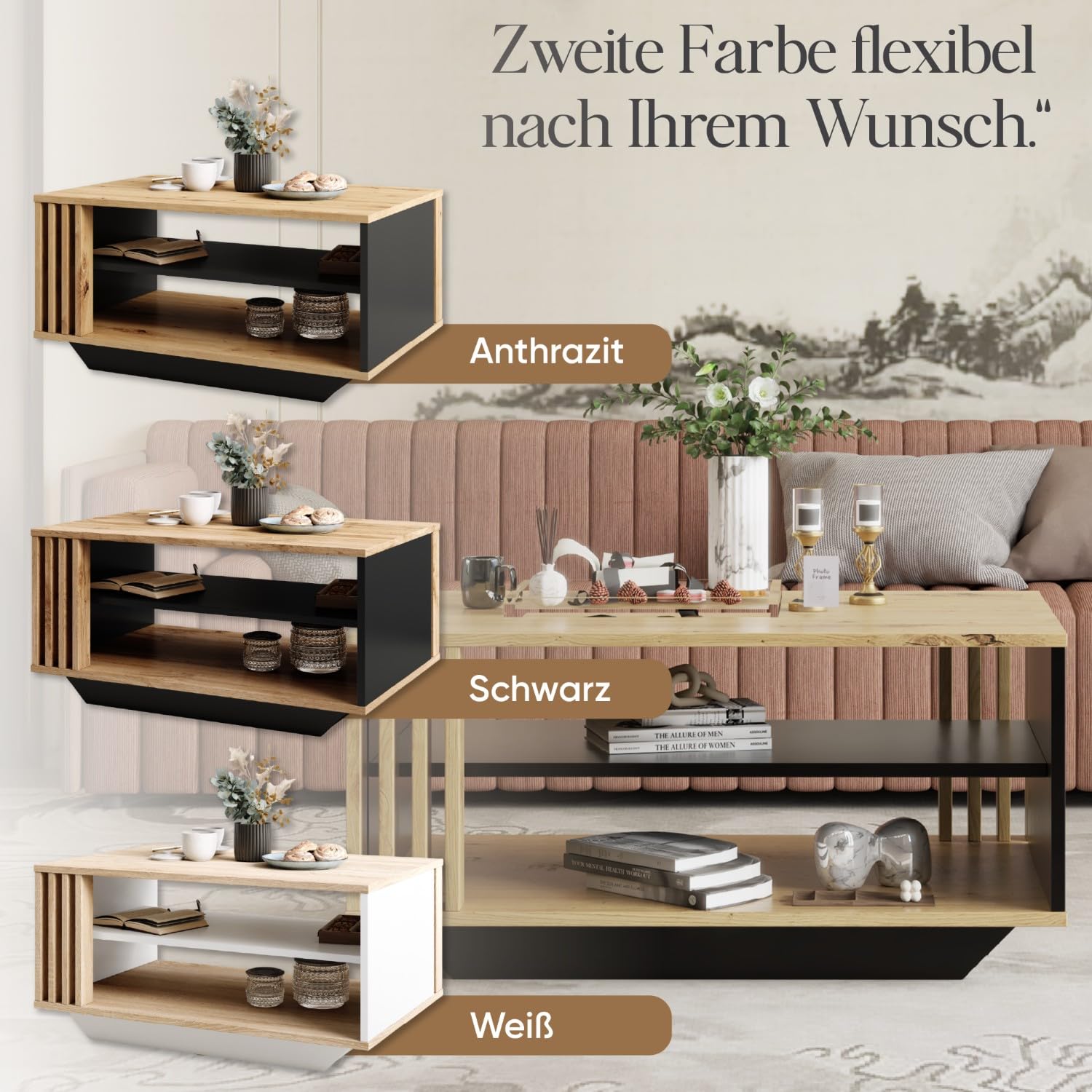 Viosimc Couchtisch, Wohnzimmertisch mit modernen Lamellen, moderner und stilvoller rechteckiger Kaffeetisch mit Ablage, stilvolle Ergänzung für jedes Wohnzimmer – Artisan Eiche & Anthrazit