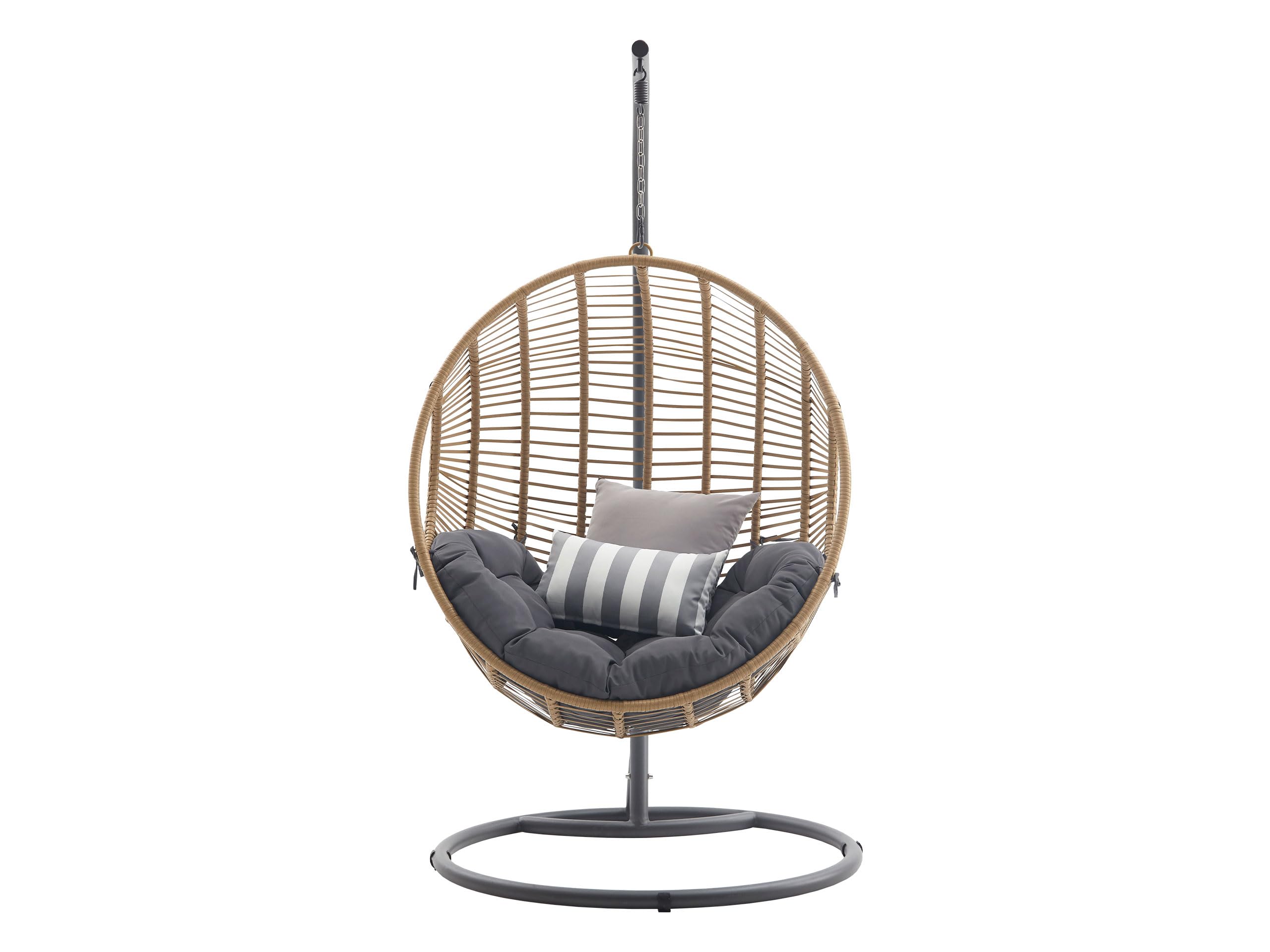 Mirjan24 Hängesessel mit Gestell und Kissen Nora, Hängestuhl mit Rückenkissen, Hängesitz, Hängekorb, Stahlskelett, Indoor & Outdoor (grau/natürliches Rattan + Kissen: grau 17)