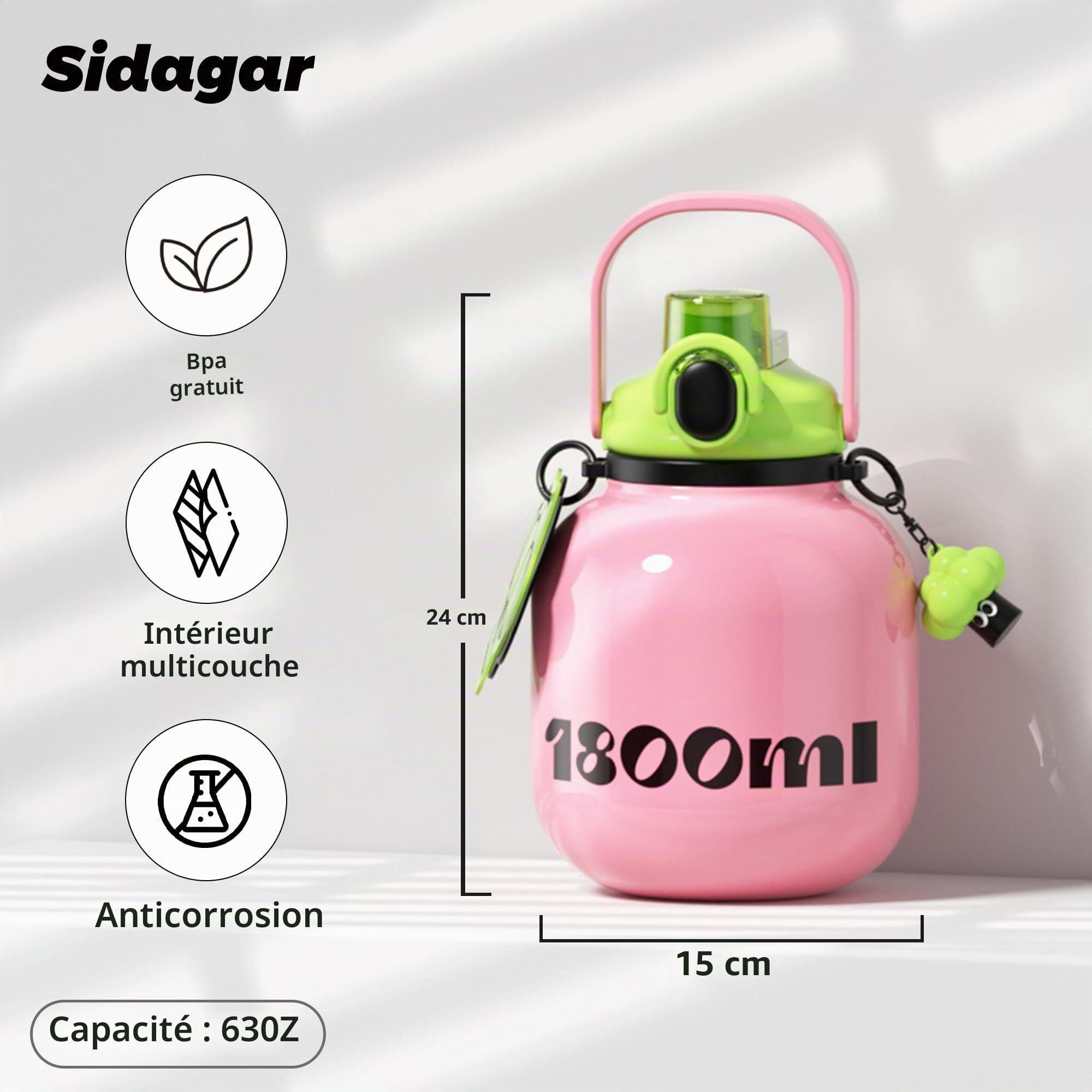 Gourde Isotherme 1,8L avec Paille et Poignée, Bouteille d’Eau Inox avec Bandoulière, Grande Capacité, Anti Fuite, Idéale Sport, Bureau et Déplacements, Rose Poudré