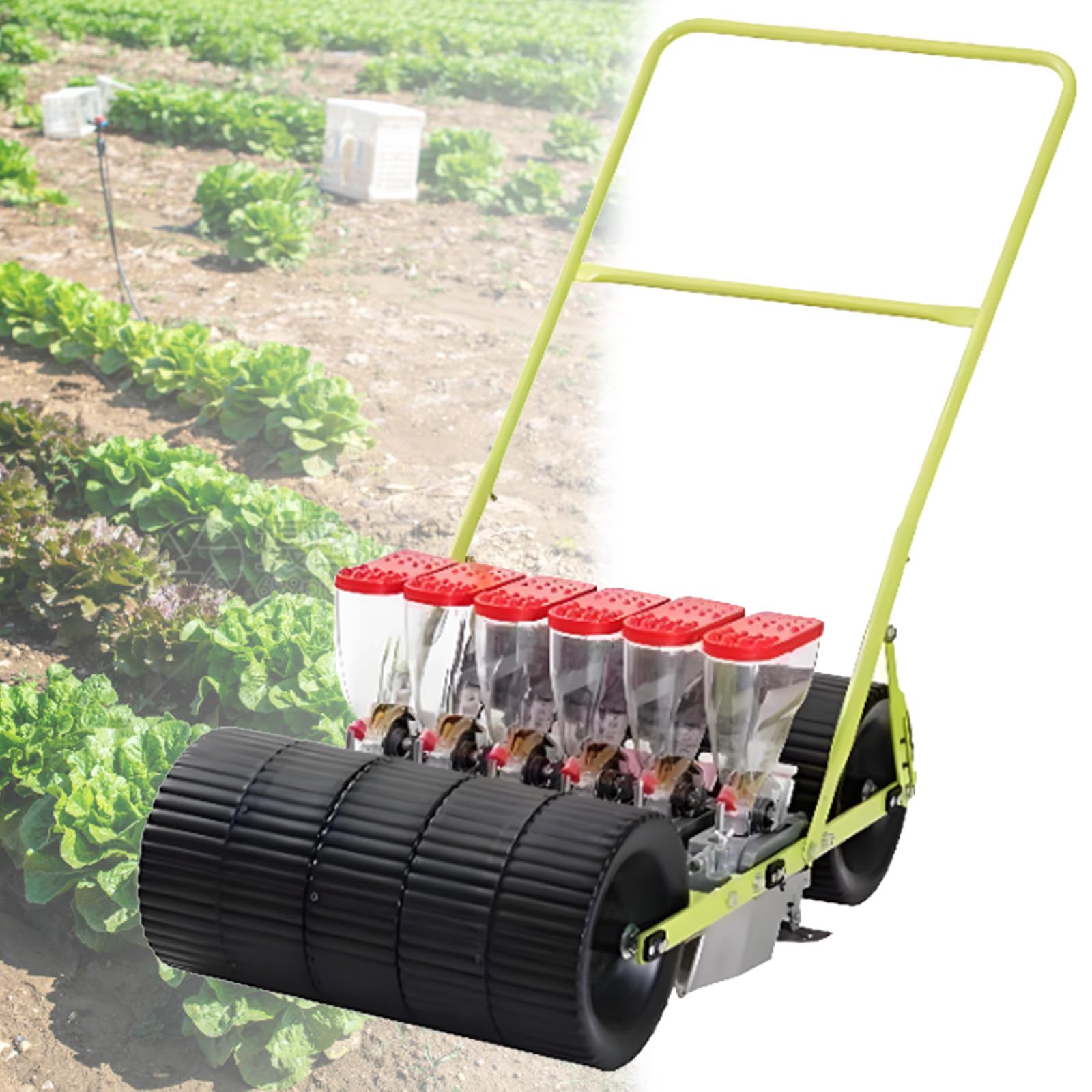 Hand Push Garden Spreader, Adjustable Row Seeding Machine for Vegetable Seeds, Perfect for Corn, Leek, Spinat, and Carrots, 6 Row Spacing and Depth Control