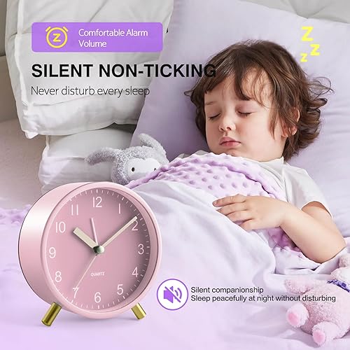Miniatura 2 de Reloj despertador analógico para niñas, súper silencioso sin tictac con luz nocturna, funciona con pilas, reloj de dormitorio para mamá, reloj