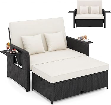 HAPPYGRILL Patio Rattan Wicker Daybed with Loveseat & Storage Ottoman, Outdoor Lounge Sofa Furniture Set with Adjustable Backrest & Side Trays, for Poolside Deck Porch Lawn Black & Beige