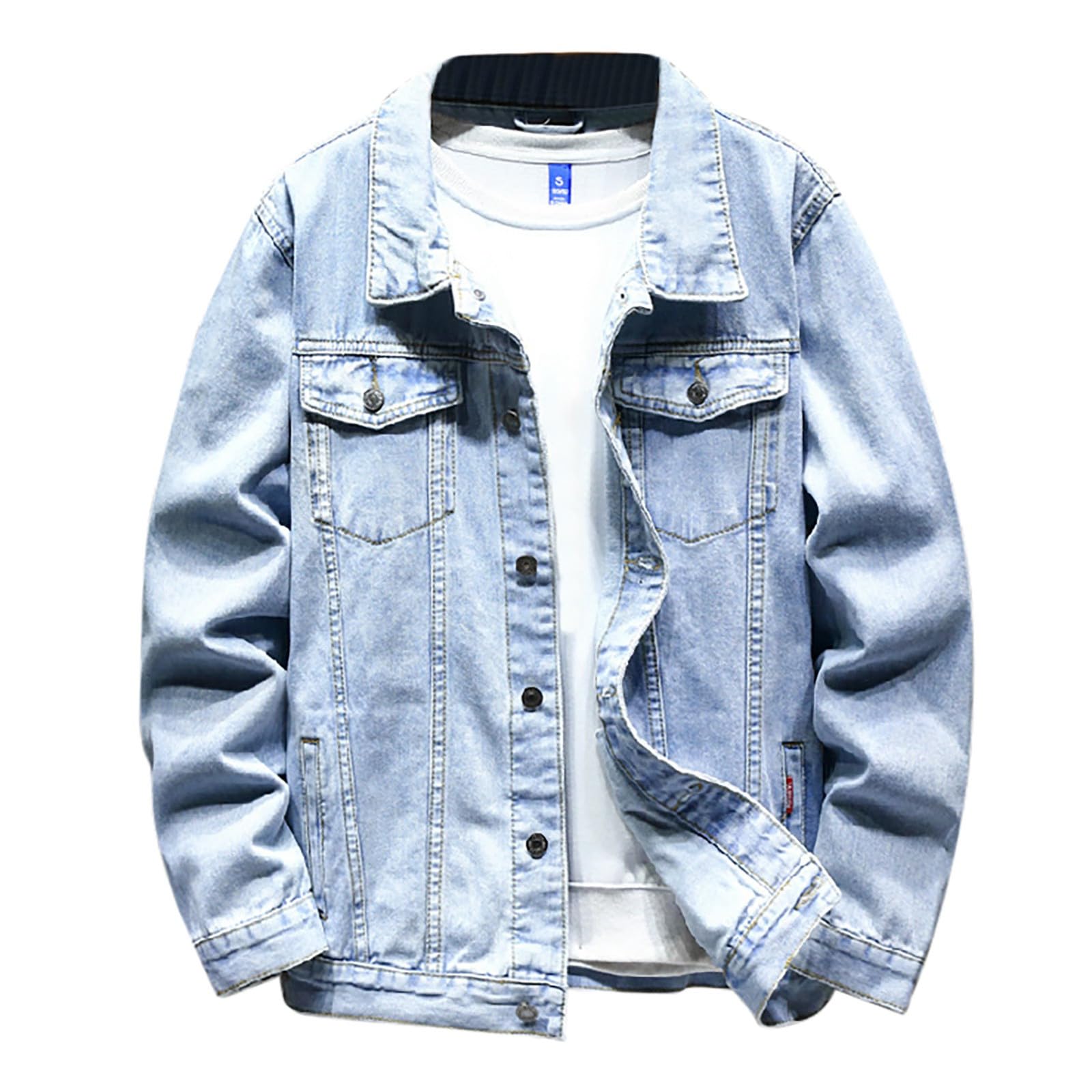 Giacca di Jeans da Uomo, Giacca Primavera Uomo, Risvolto Manica Lunga Giacca di Costume Classico Denim Cotone Loose Tuta Affari Blazer Giacca con Tasche Giubbino Jeans Giacca in Denim Denim Jacket