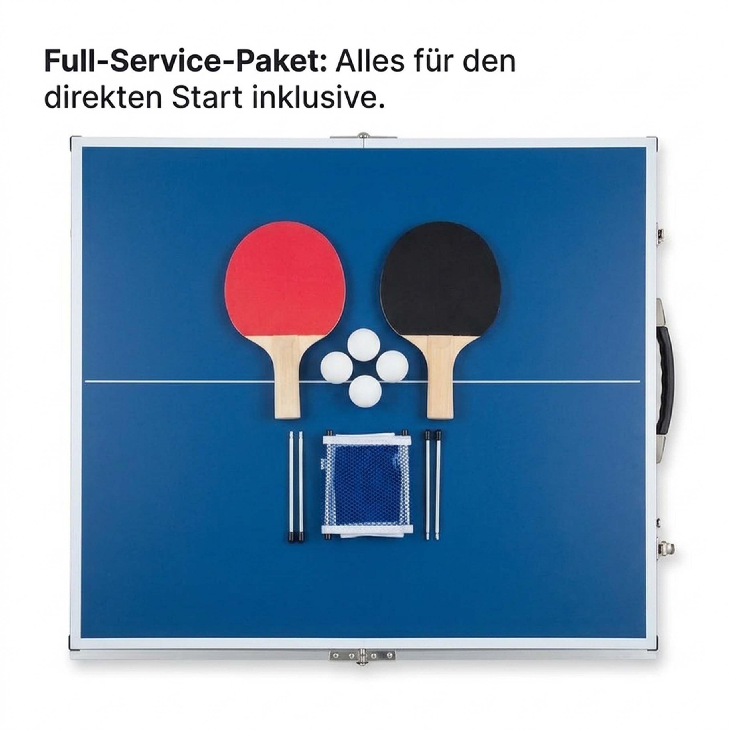 Relaxdays Klappbare Tischtennisplatte, HBT: 71 x 150 x 67 cm, tragbarer Ping Pong Tisch, Netz, Bälle, Schläger, blau