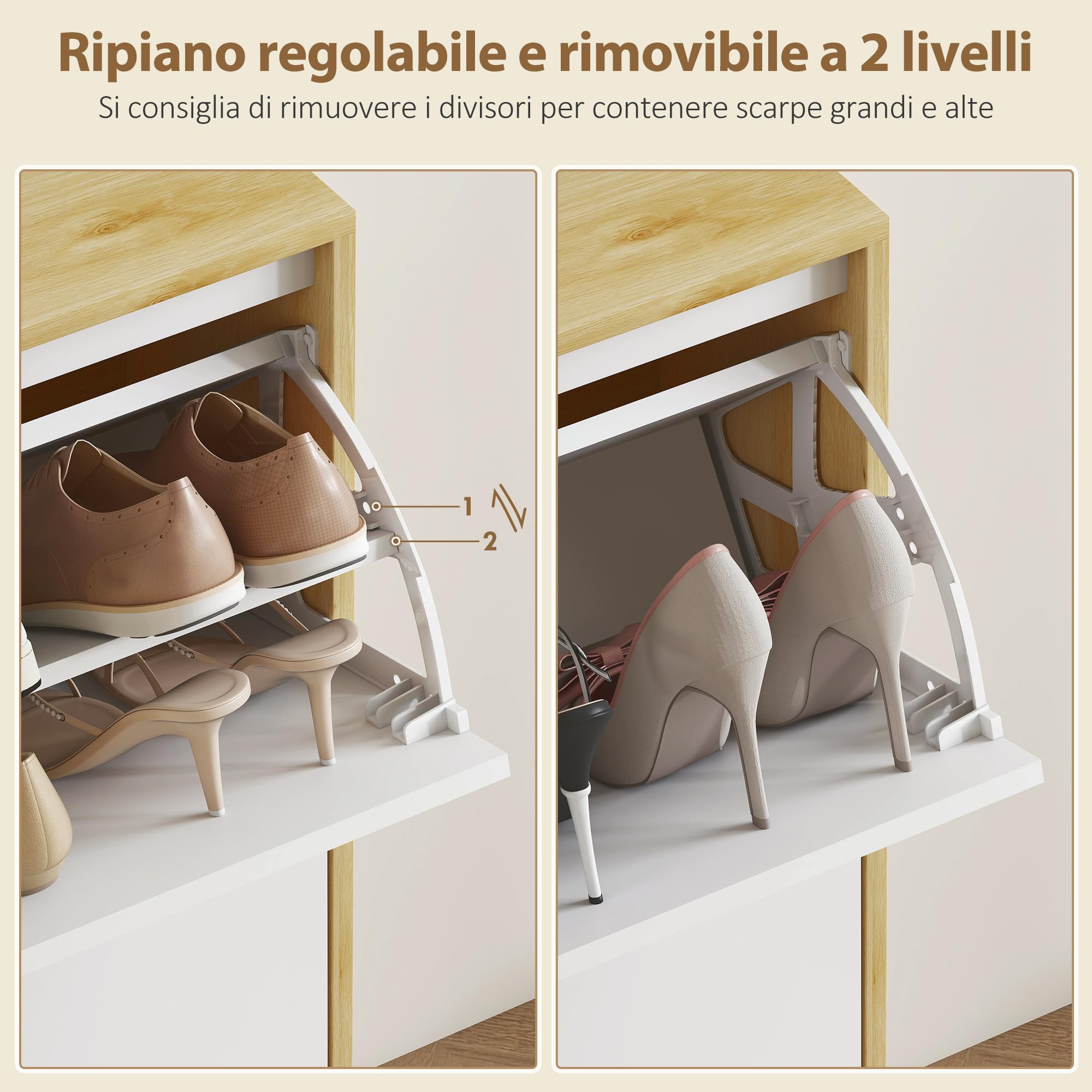 HOMCOM Scarpiera Salvaspazio Slim con 4 Ante a Ribalta, Scarpiera Ingresso con Ripiani Regolabili su 2 Livelli e Base Rialzata, Porta Scarpe per 20 Paia con Maniglia, 105x24x92.5 cm, Bianco Lucido