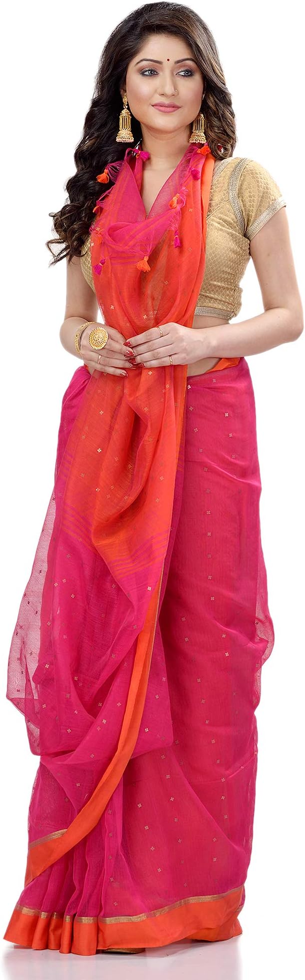 Women's Tant Silk Hand Loom Cotton Saries Sequence Work with Blouse Part (Pink Orange), Pink Orange, One Size, Pink Orange, One Size