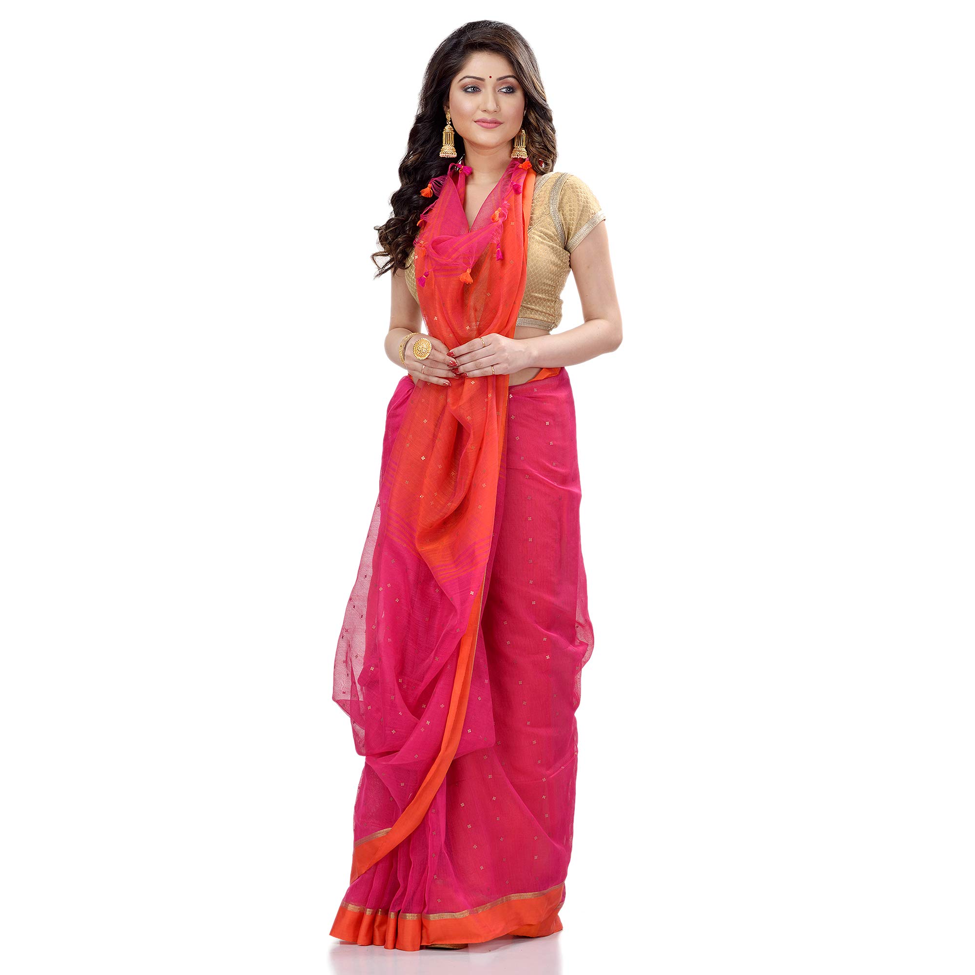 Women`s Tant Silk Handloom Cotton Saree Sequence Work With Blouse Piece(Pink Orange)
