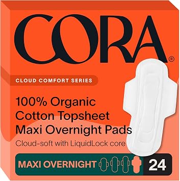 Cora Organic Feminine Care | 24 Maxi Overnight Pads with Wings and Non-Applicator Tampon Pack | Ultra-Absorbent, Unscented, Natural, Non-Toxic | 24 Maxi Pads and 36R/S Tampons | Bundle Pack