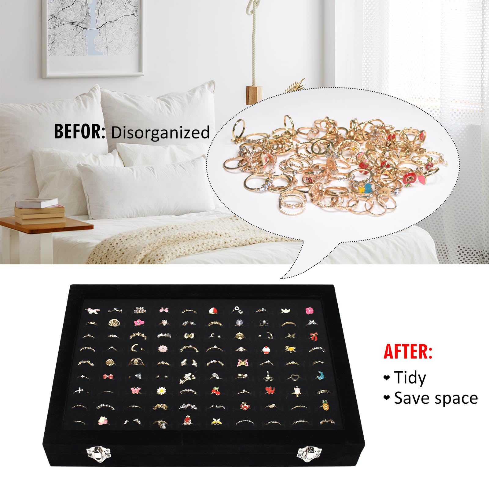Vicoter Rings Organizer Tray 100 Slot Velvet Ring Earring Storage Box TranSparent Cover Jewelry Store Ring Display Box Jewelry Display Cabinet for Girl Wife Mother: 100 Slot Black