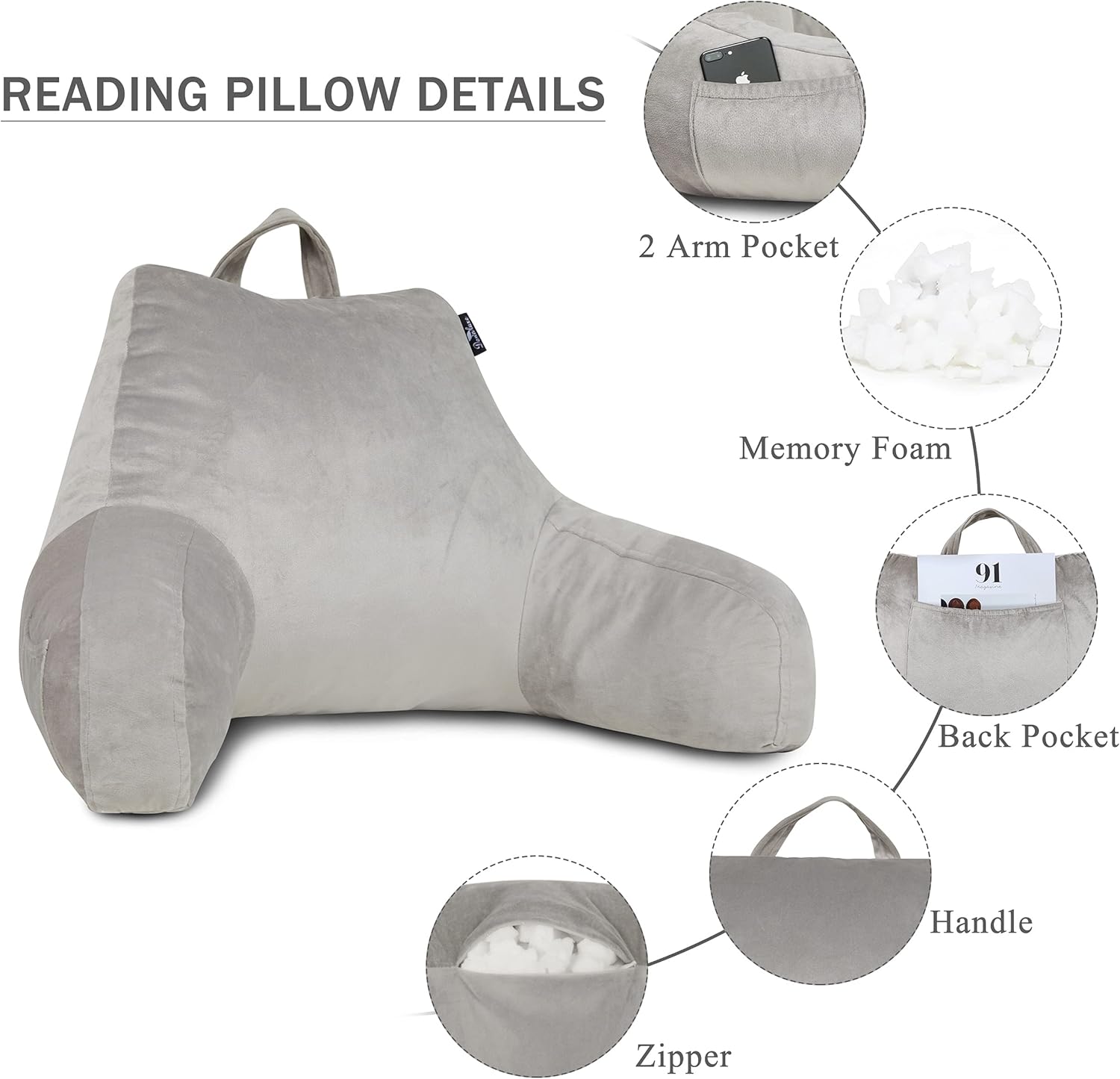 downluxe Reading Pillow Large Adult Backrest Lounge Cushion Bed Rest Pillow with Arms and Pockets, Back Support for Sitting Up in Bed (18 X 15 Inches Grey) : Home & Kitchen