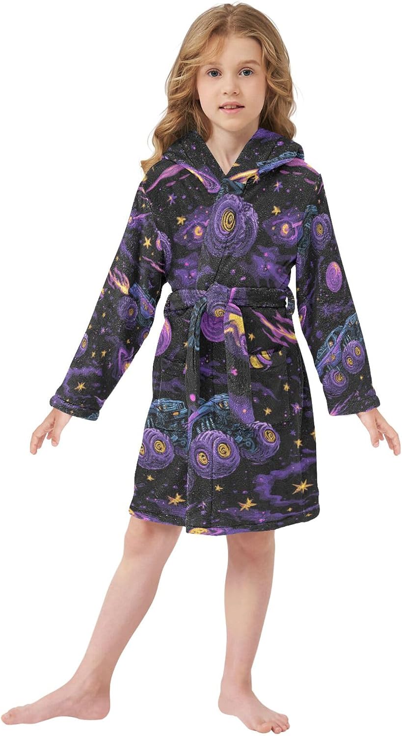 Monster Truck Car Galaxy Space Bathrobe Hooded PJ Robe Soft Fleece Robe Pajama Sleepwears 2-12 Years