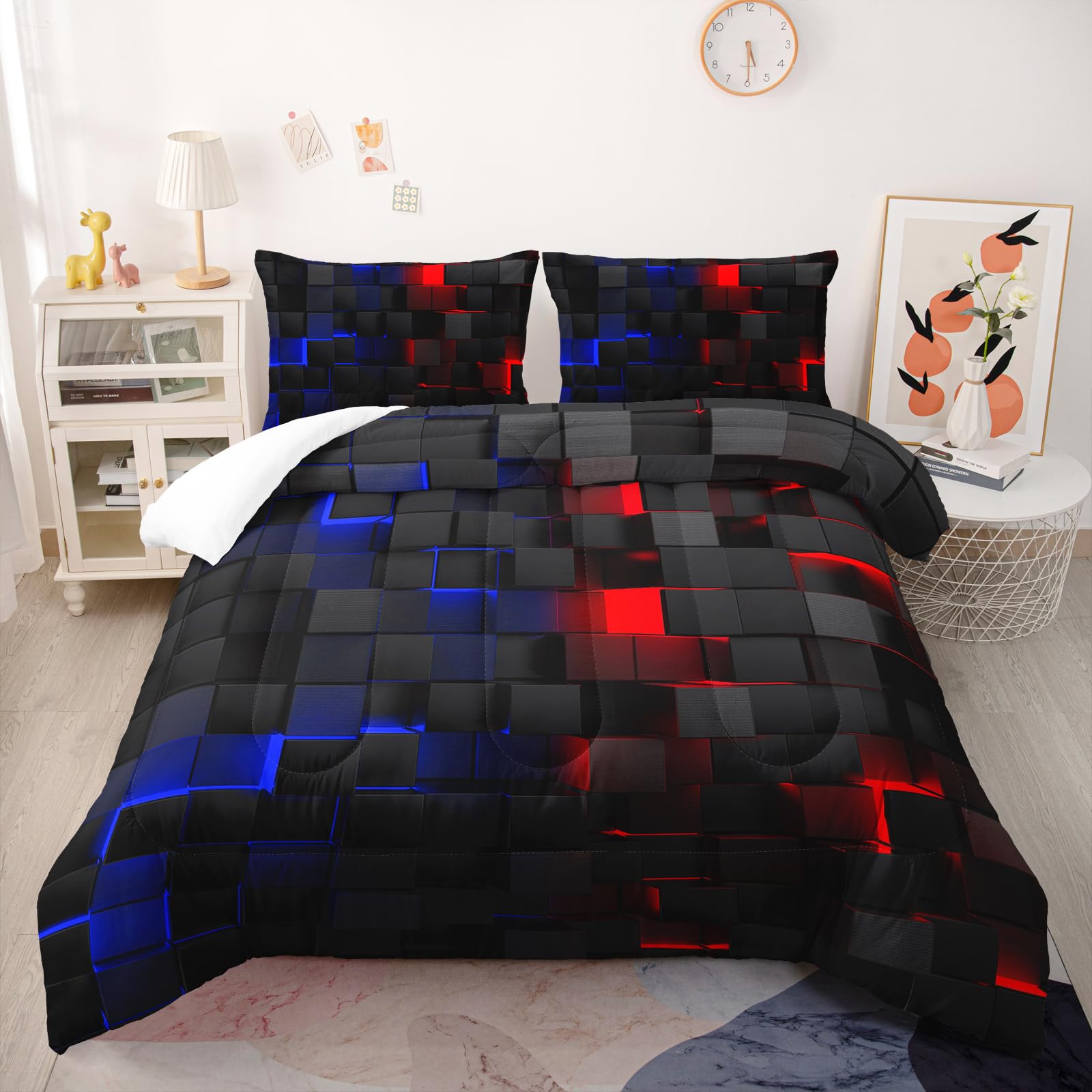 Nttopship Red and Blue Checkered Comforter Set Queen Honeycomb Bedding Sets 3PCS for Kids Teen Adult Boy Room Decor Ultra-Soft Lightweight Microfiber 1 Comforter with 2 Pillowcases