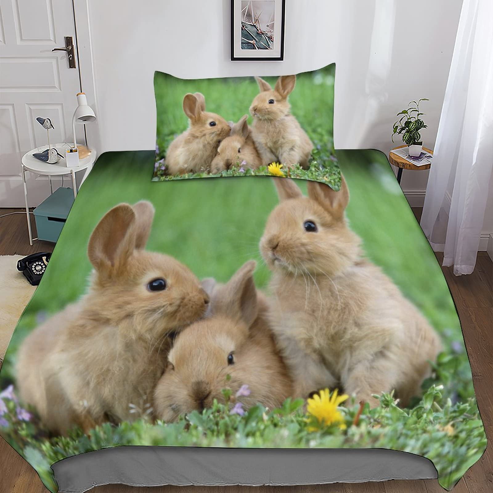 Parure de lit lapin 135x200 avec housse de couette microfibre 3D et taie d'oreiller