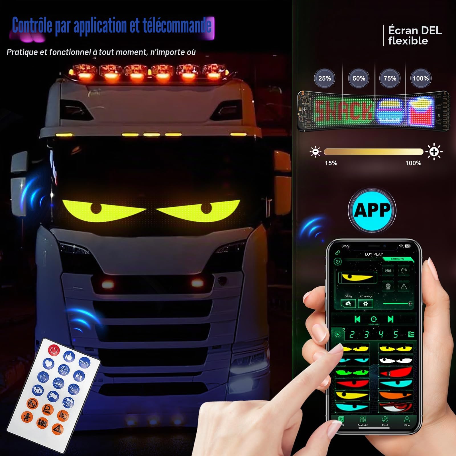 Yeux LED pour Camion et Voiture, Lampes Devil Eyes pour Auto, Affichage LED Flexible et Programmable, Écran Défilant Personnalisé pour Publicité et Signalisation (2pièces 60x12cm)