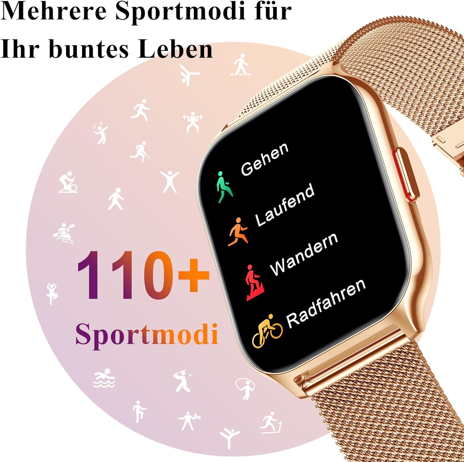 Popglory Smartwatch mit Telefonfunktion, Fitnesstracker 2 Zoll Touch-Farbdisplay,Blutdruckmessung Herzfrequenz Schlafmonitor SpO2, Sportuhr IPx8 Wasserdicht Schrittzähler für Damen Herren