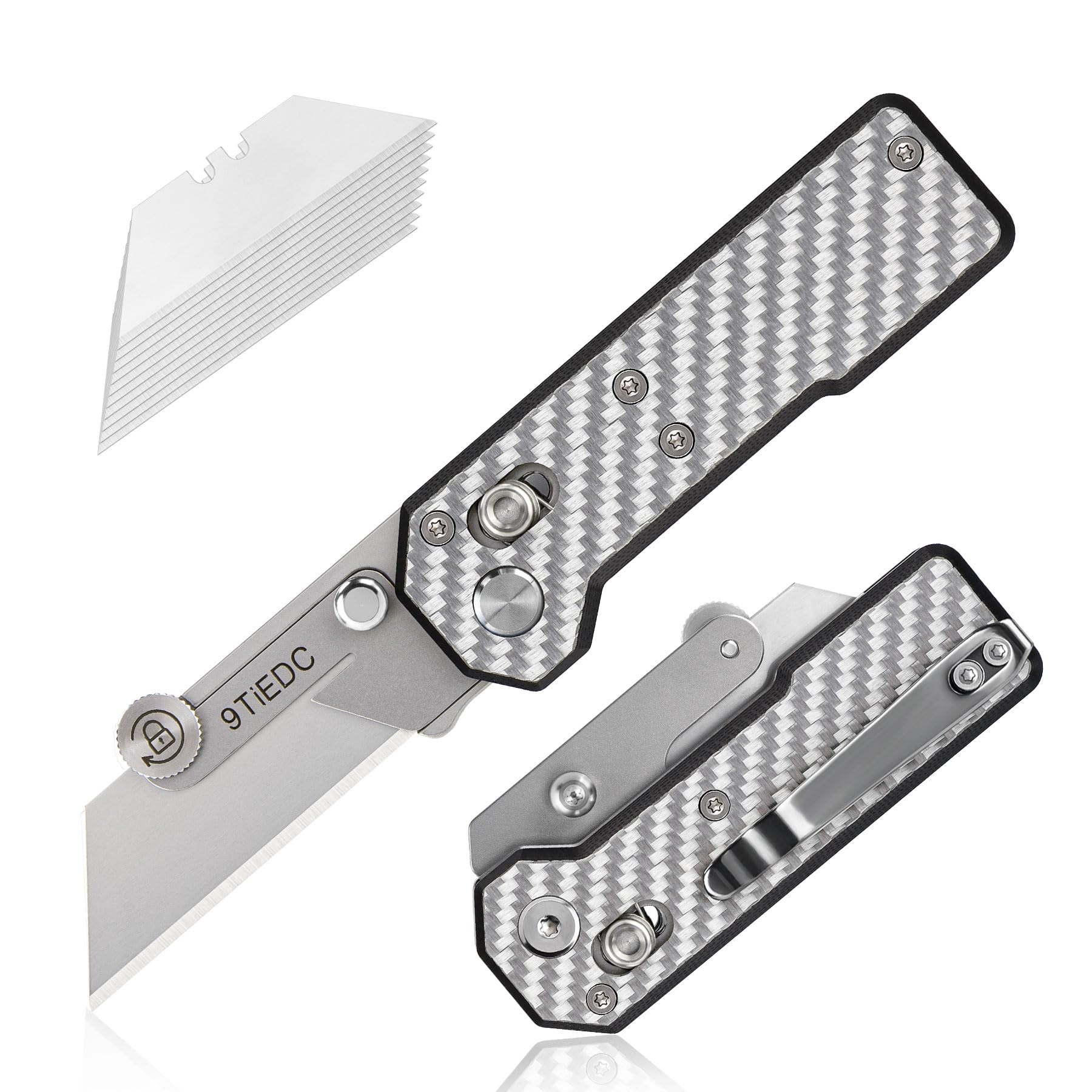 9TiEDC Folding Utility Knife,G10/Carbon Fiber Handle Heavy Duty Safety Box Cutter, Razor Knife with Extra 10PC Blades, Perfect for Household Tools,