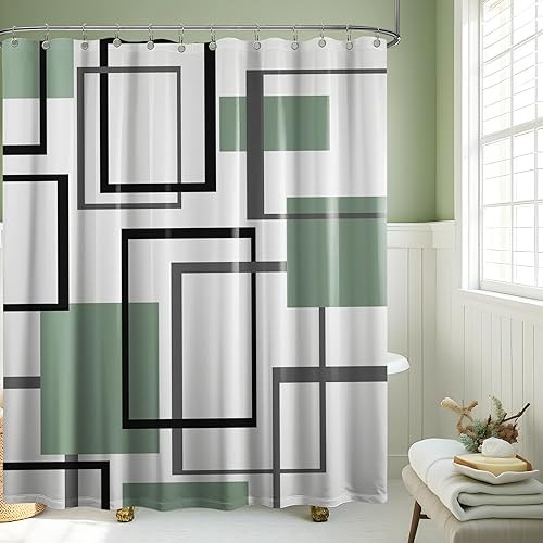 Miniatura 22 de Cortina de ducha geométrica en blanco y negro para decoración de baño de hombre, juego de cortinas de baño en blanco y negro, tela impermeable con