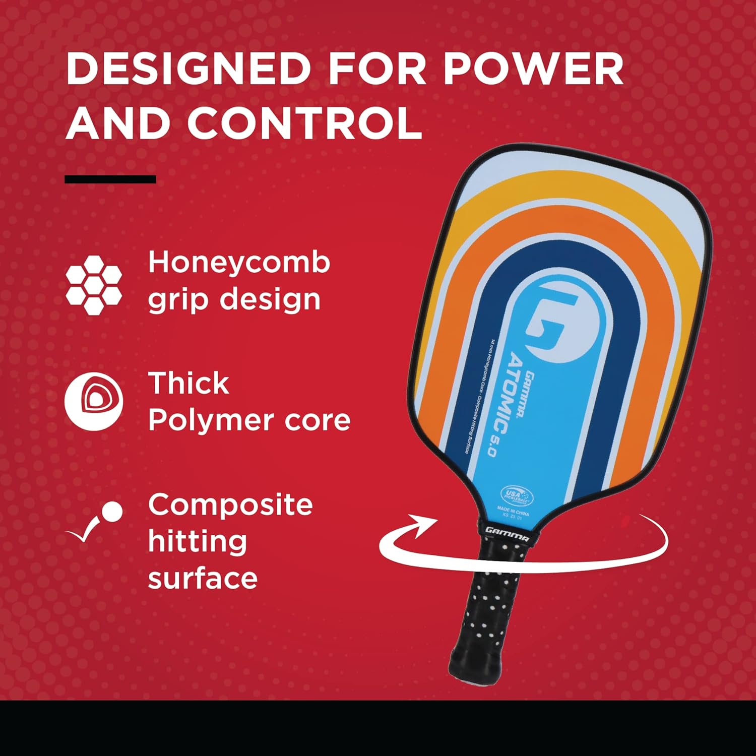 Gamma Sports 5.0 Pickleball Paddle, Graphite Pickleball Paddle with Polypropylene Core and Honeycomb Grip, Blue and Orange, 4 (1/4)