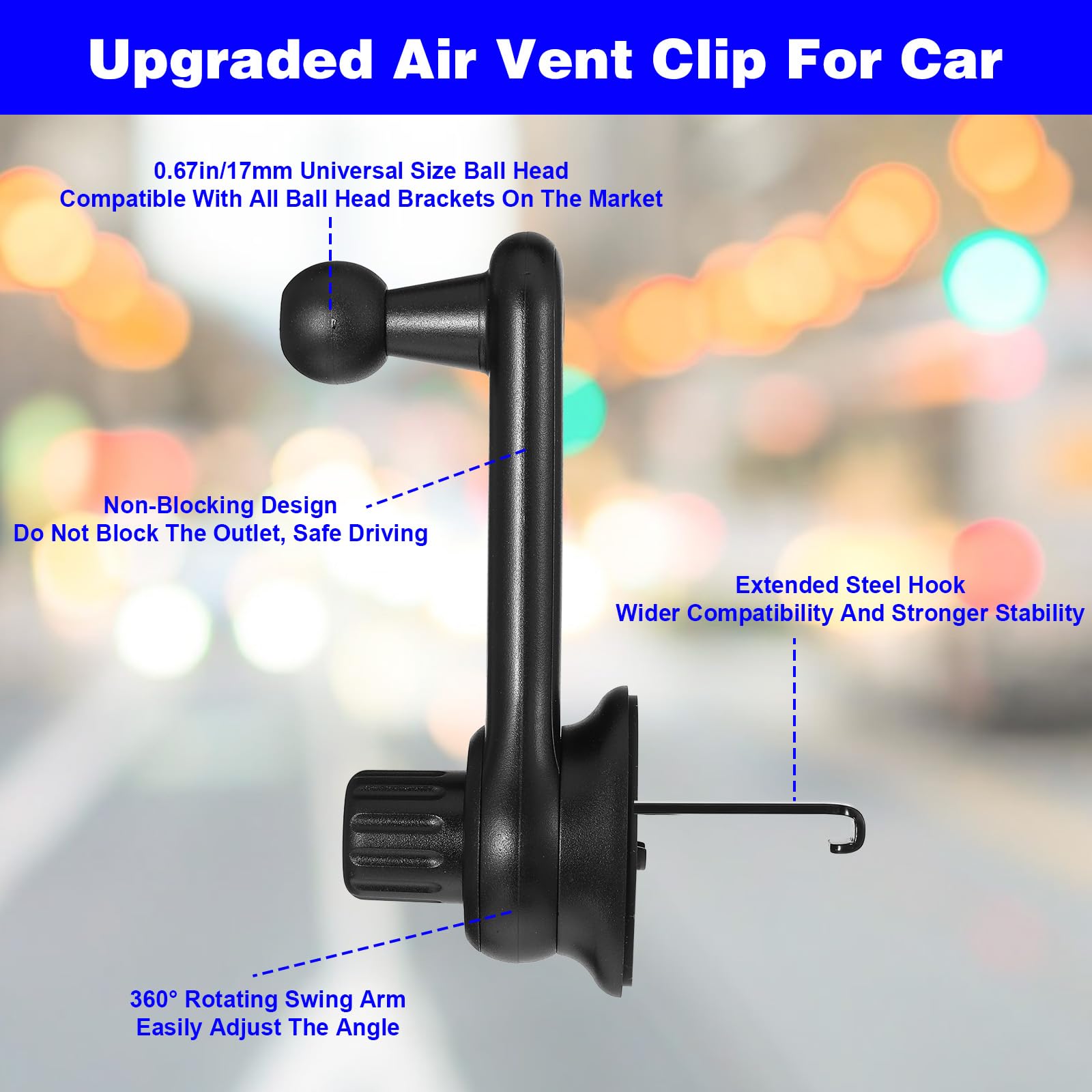 Clip universale per bocchetta di ventilazione auto per auto supporto per telefono con sfera da 17 mm girevole a 360 gradi braccio oscillante e gancio regolabile per bocchetta dell'aria di