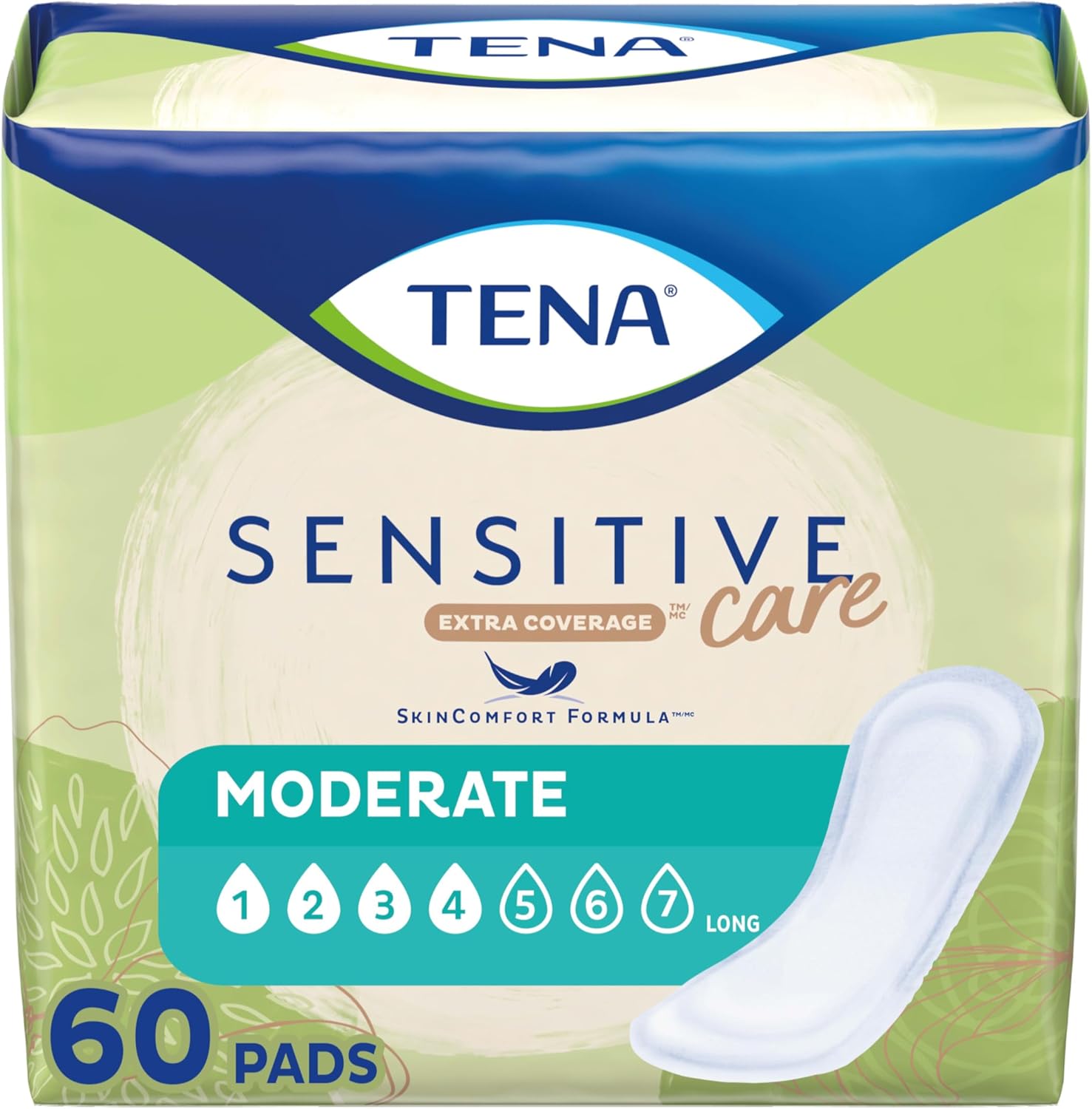 TENA Sensitive Care Extra Coverage Moderate Long Incontinence Bladder Control Pad, 60 count