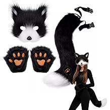 3-in-1 Black White Furry Cat Fox Costume Set, Mask Paw Gloves Tail